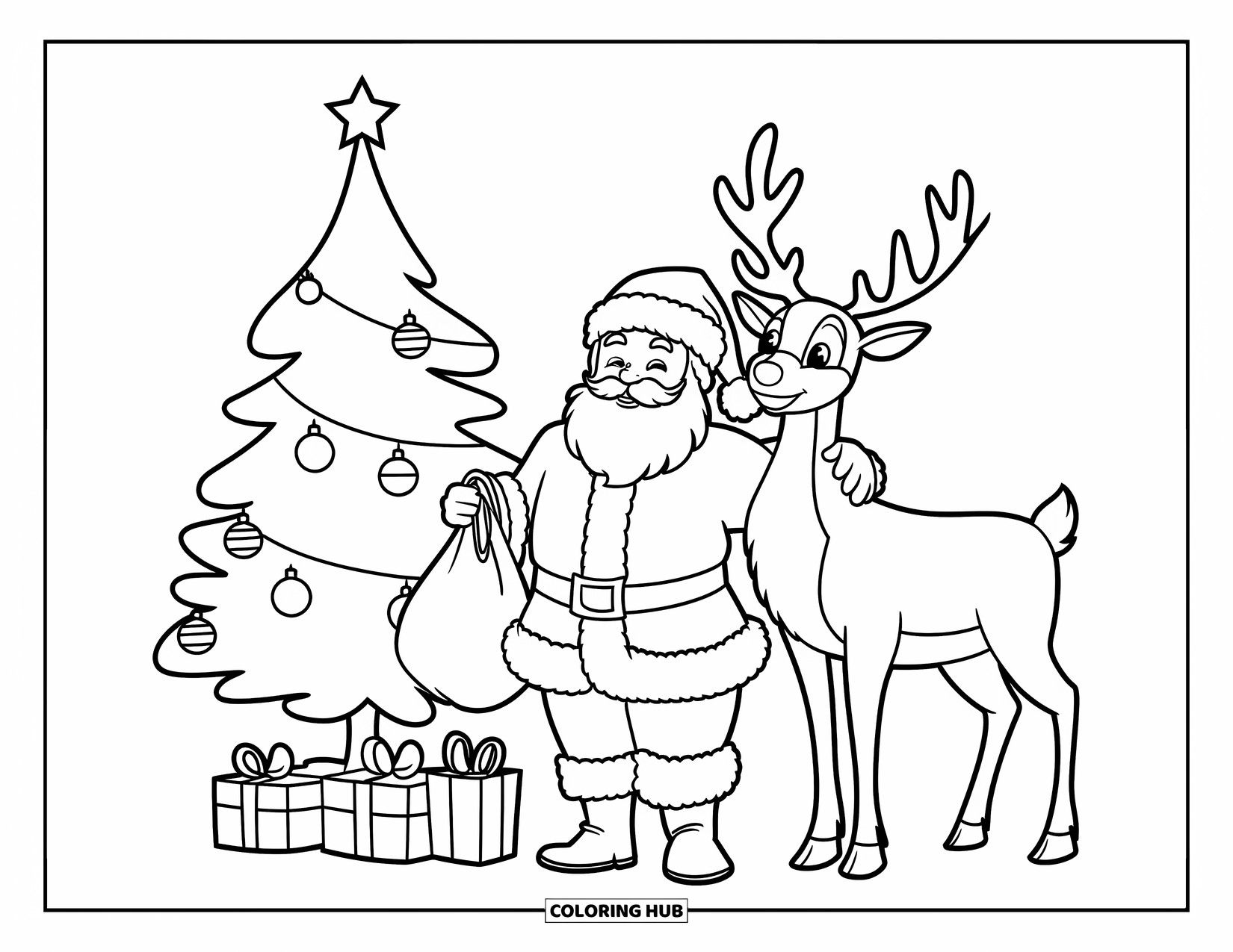Santa And Reindeer Coloring Page for Kids: Santa stands with a reindeer near a tree filled with ornaments and gifts