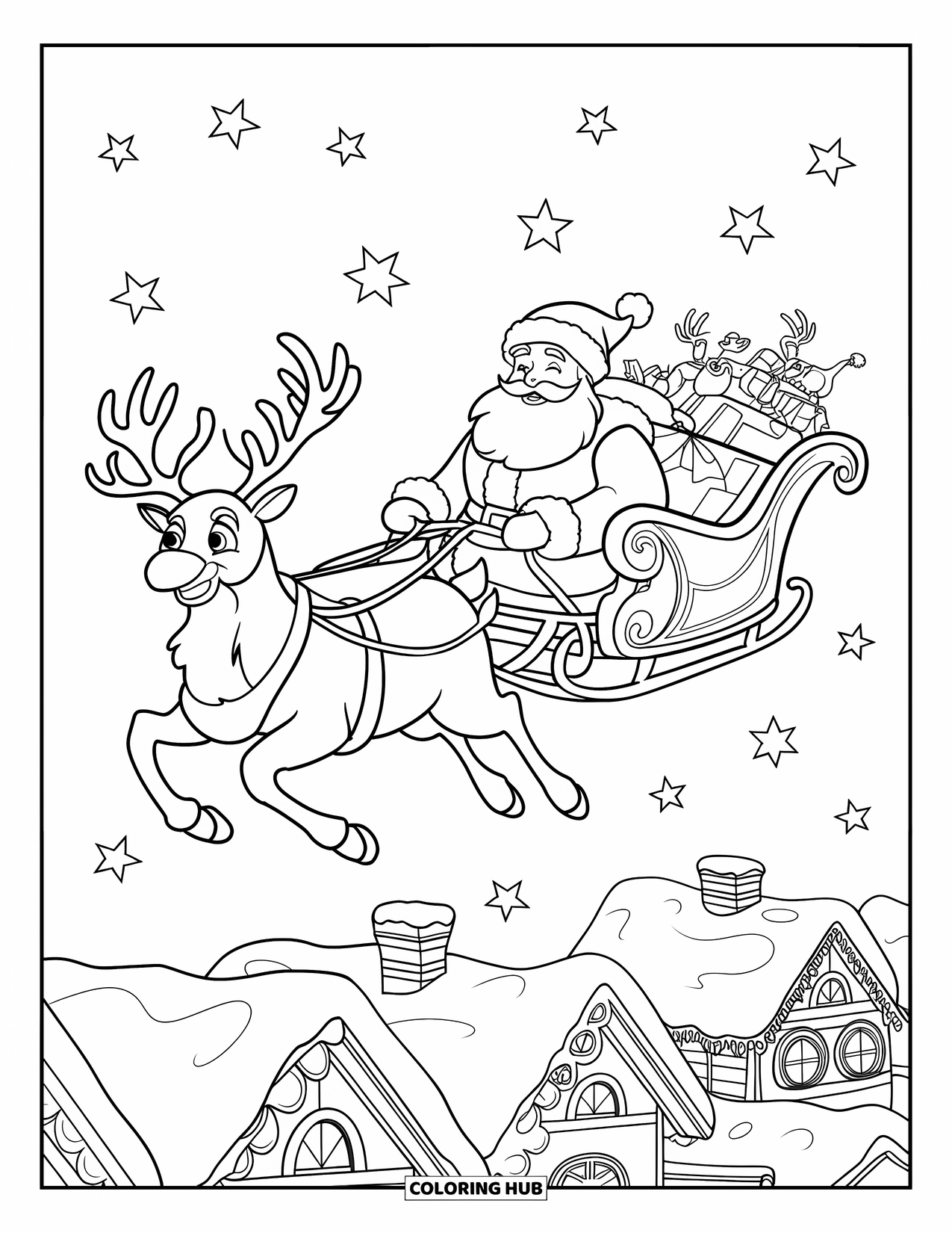 Santa And Reindeer Coloring Page for Kids: Santa's sleigh flies over rooftops while stars sparkle overhead