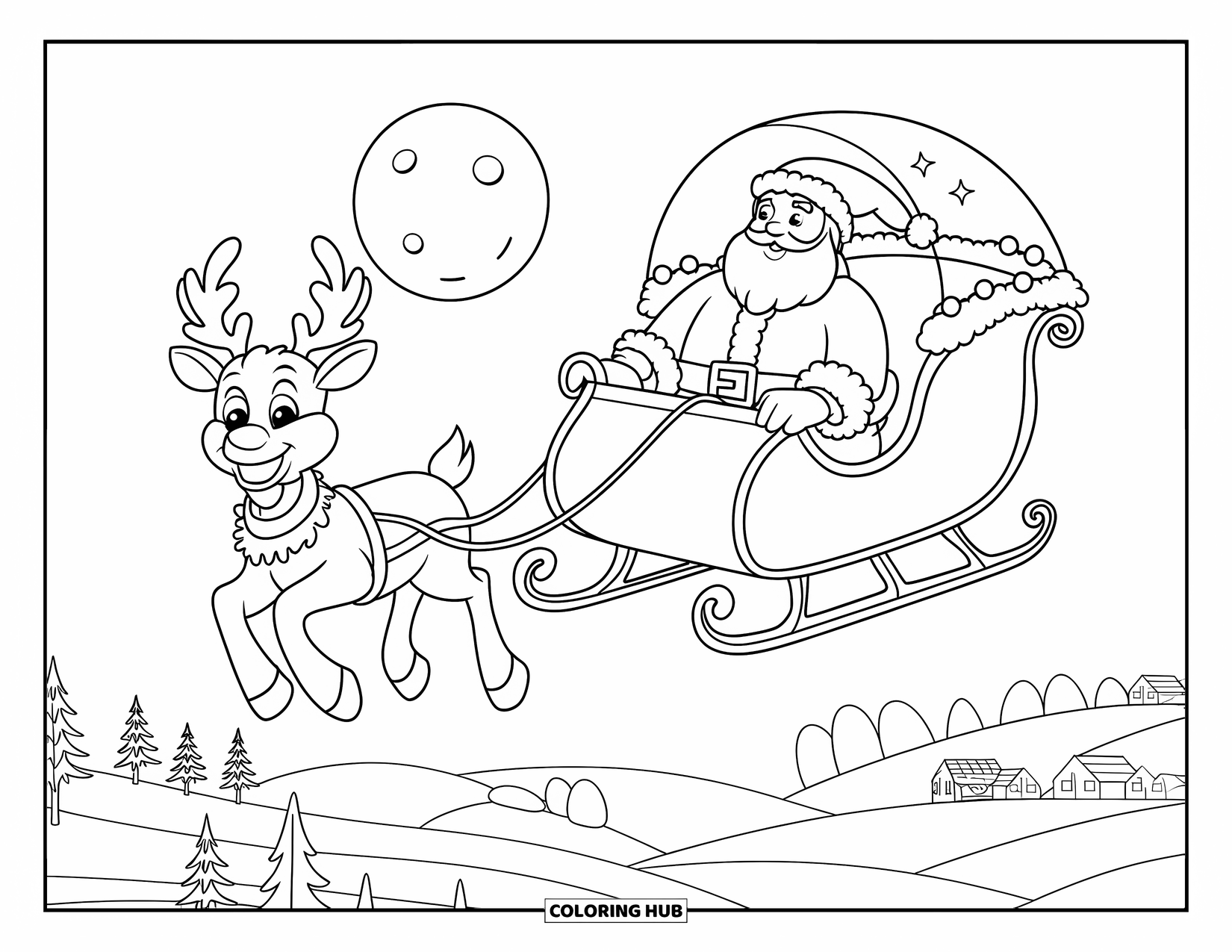 Santa And Reindeer Coloring Page for Kids: Santa's sleigh floats past the moon with a reindeer wearing festive lights