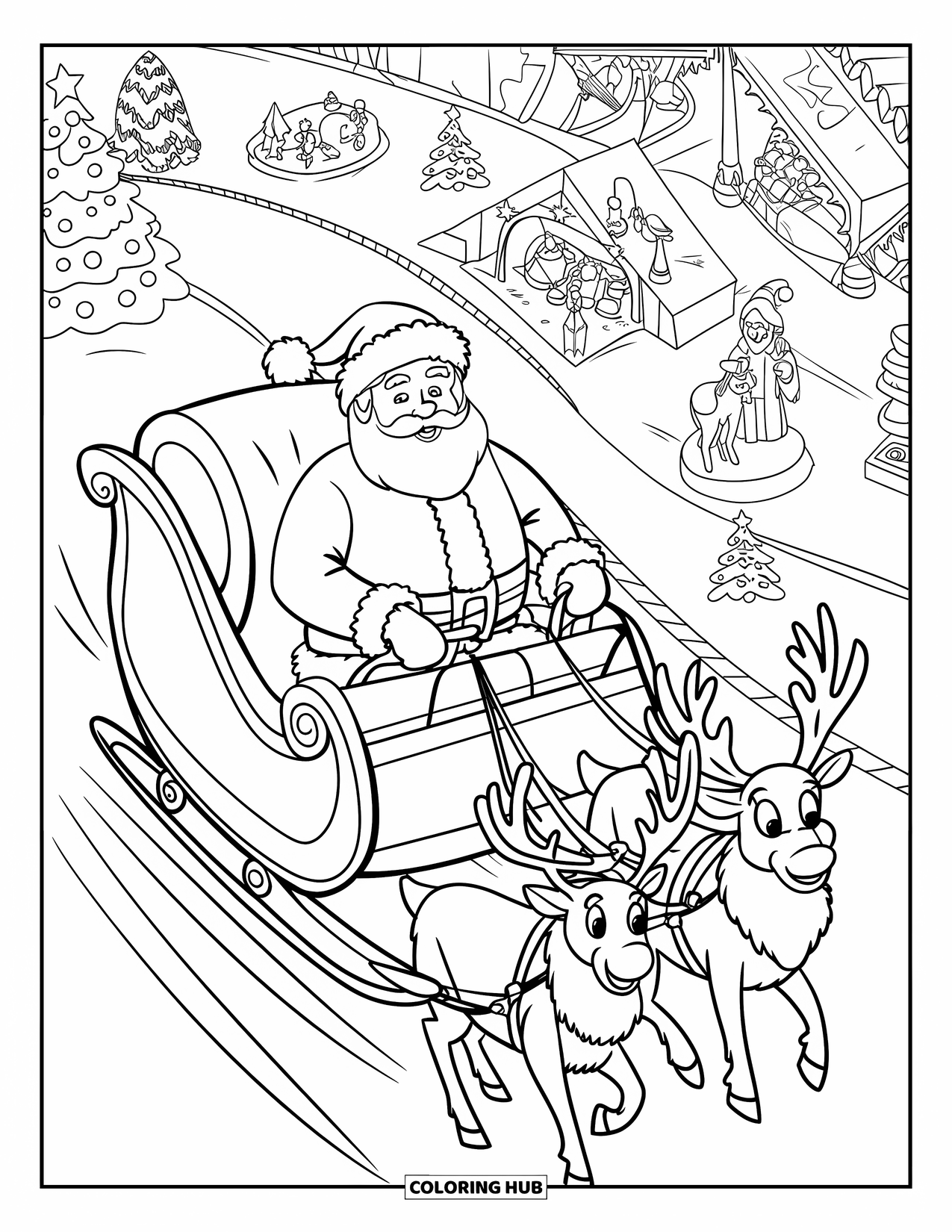 Santa And Reindeer Coloring Page for Kids: Santa's sleigh glides over a festive parade with a Christmas tree and nativity scene
