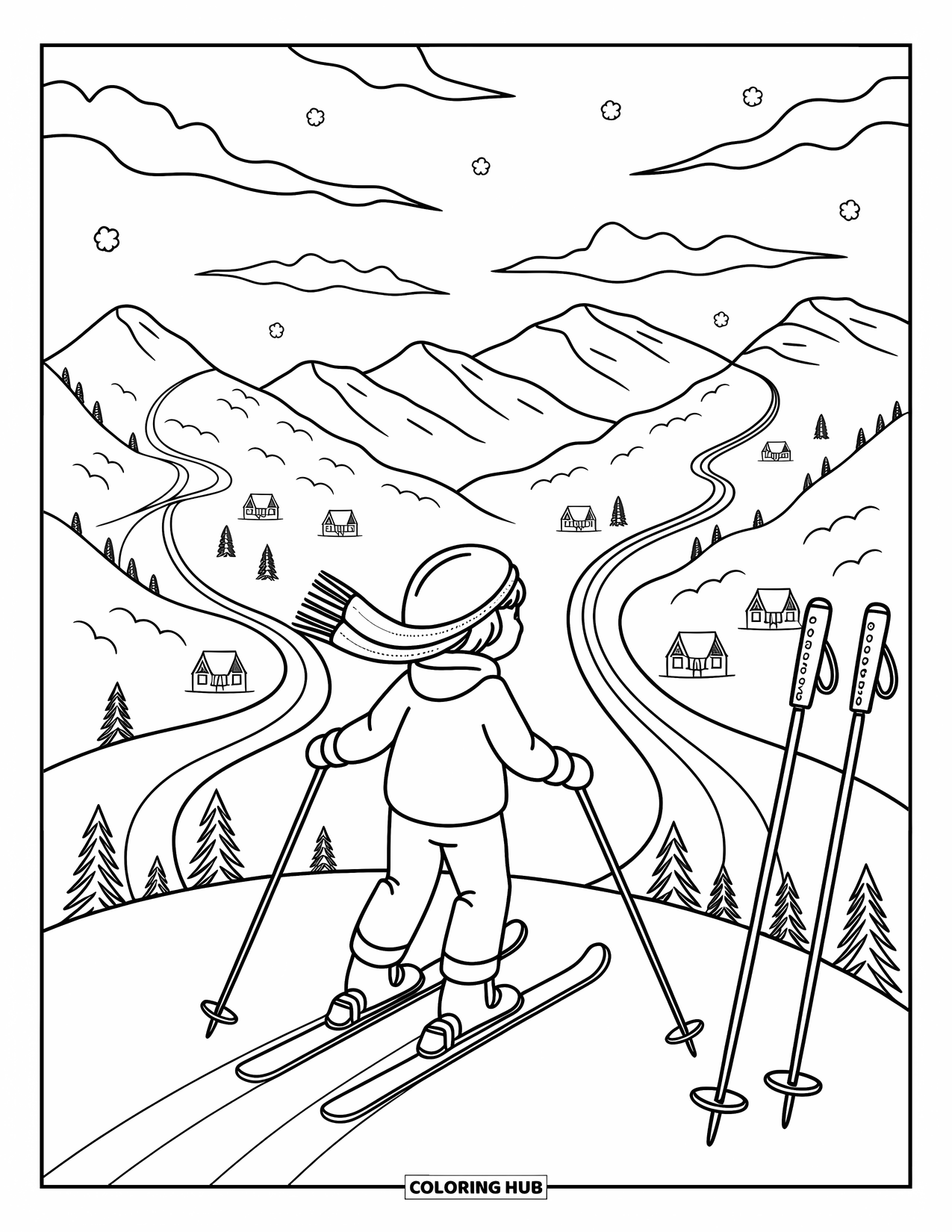 Skiing Coloring Page for Adults: A child skier admires the valley view from a snowy mountain peak