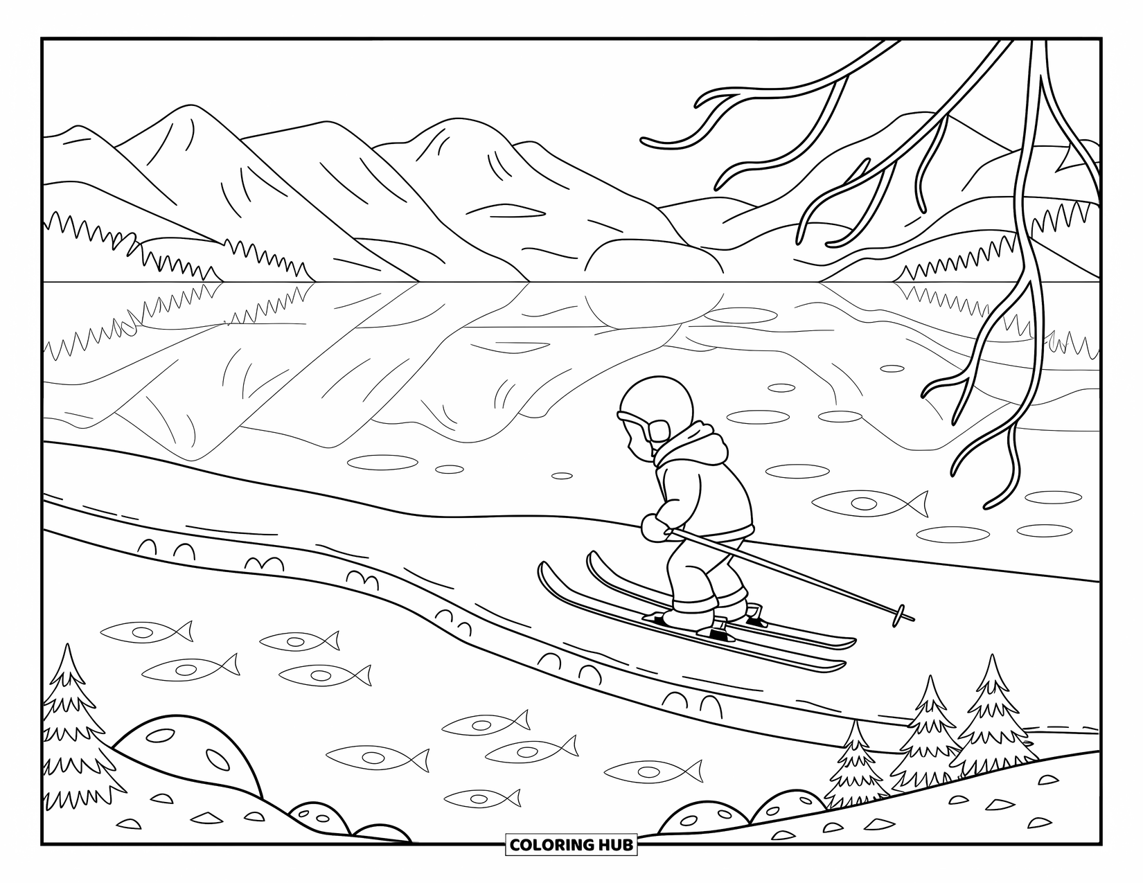 Skiing Coloring Page for Adults: A child skier glides along a frozen lake with fish shimmering below the ice