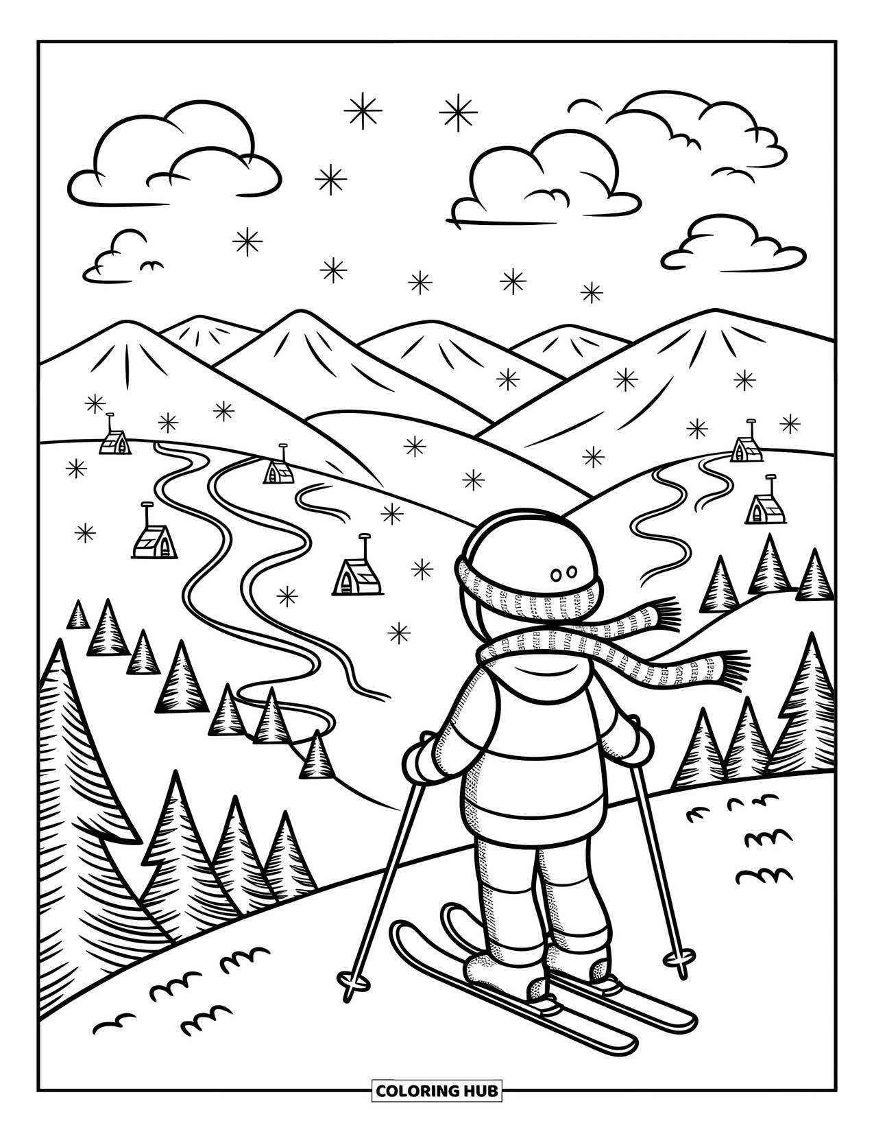 Skiing Coloring Page for Adults: A child stands at a snowy summit overlooking cabins, lifts, and ski paths
