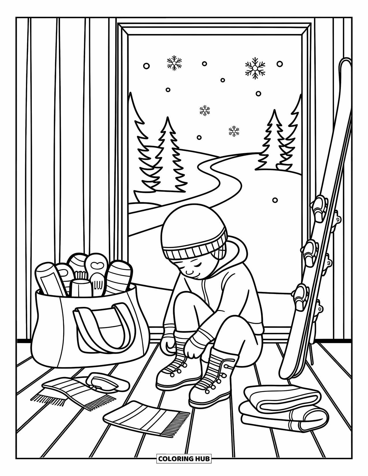 Skiing Coloring Page for Adults: A child ties ski boots inside a cozy cabin with a snowy view outside