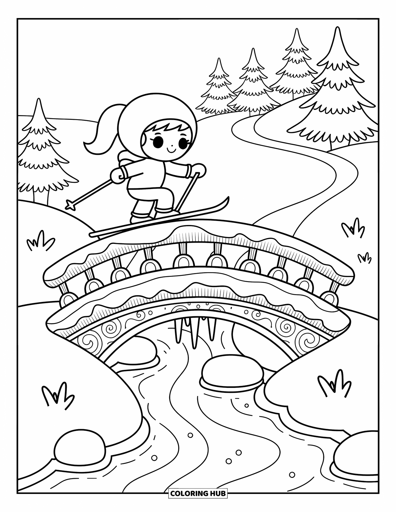 Skiing Coloring Page for Adults: A little skier crosses a snow-covered bridge above a frozen stream