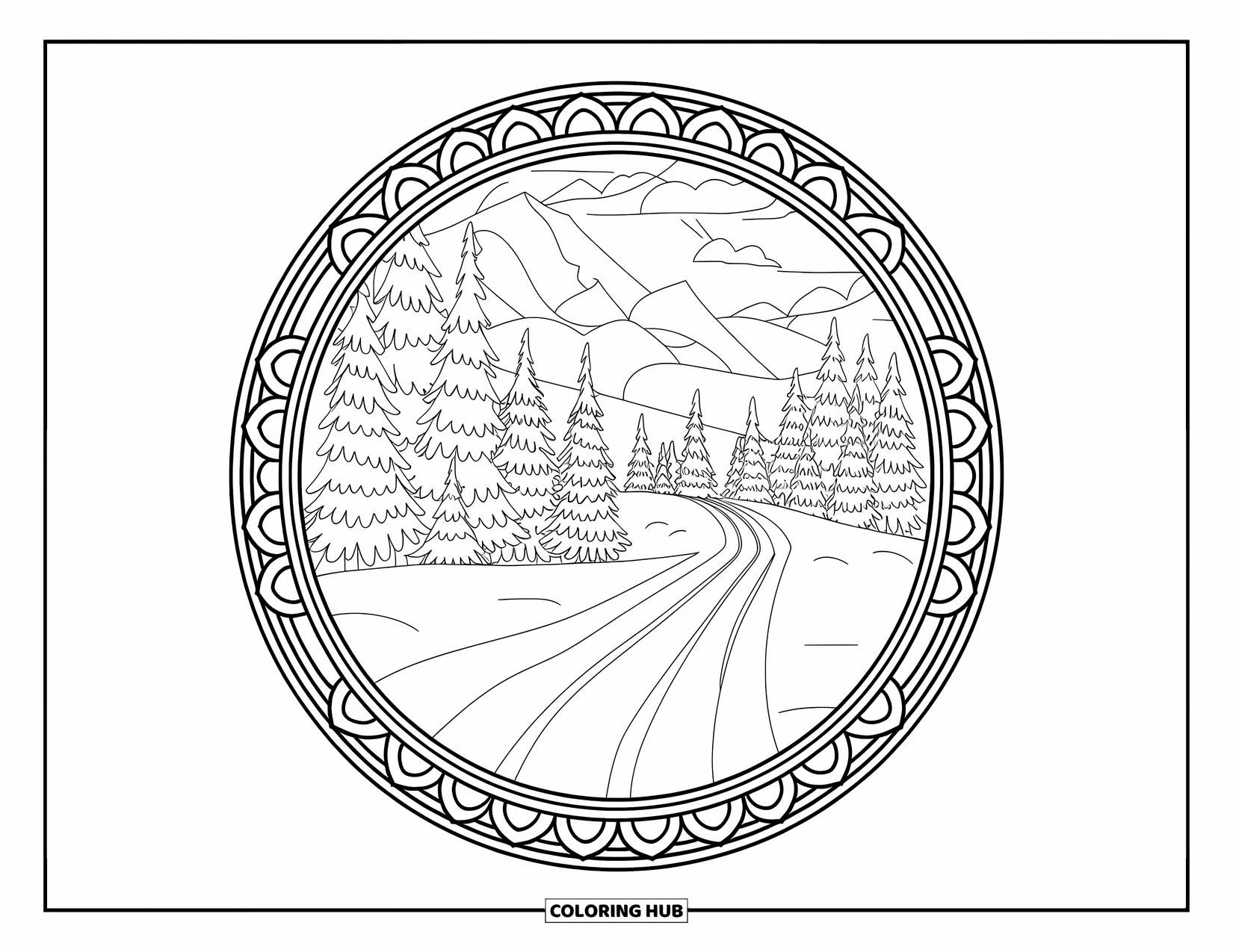 Skiing Coloring Page for Adults: A mountain forest trail curves through snow within a patterned mandala