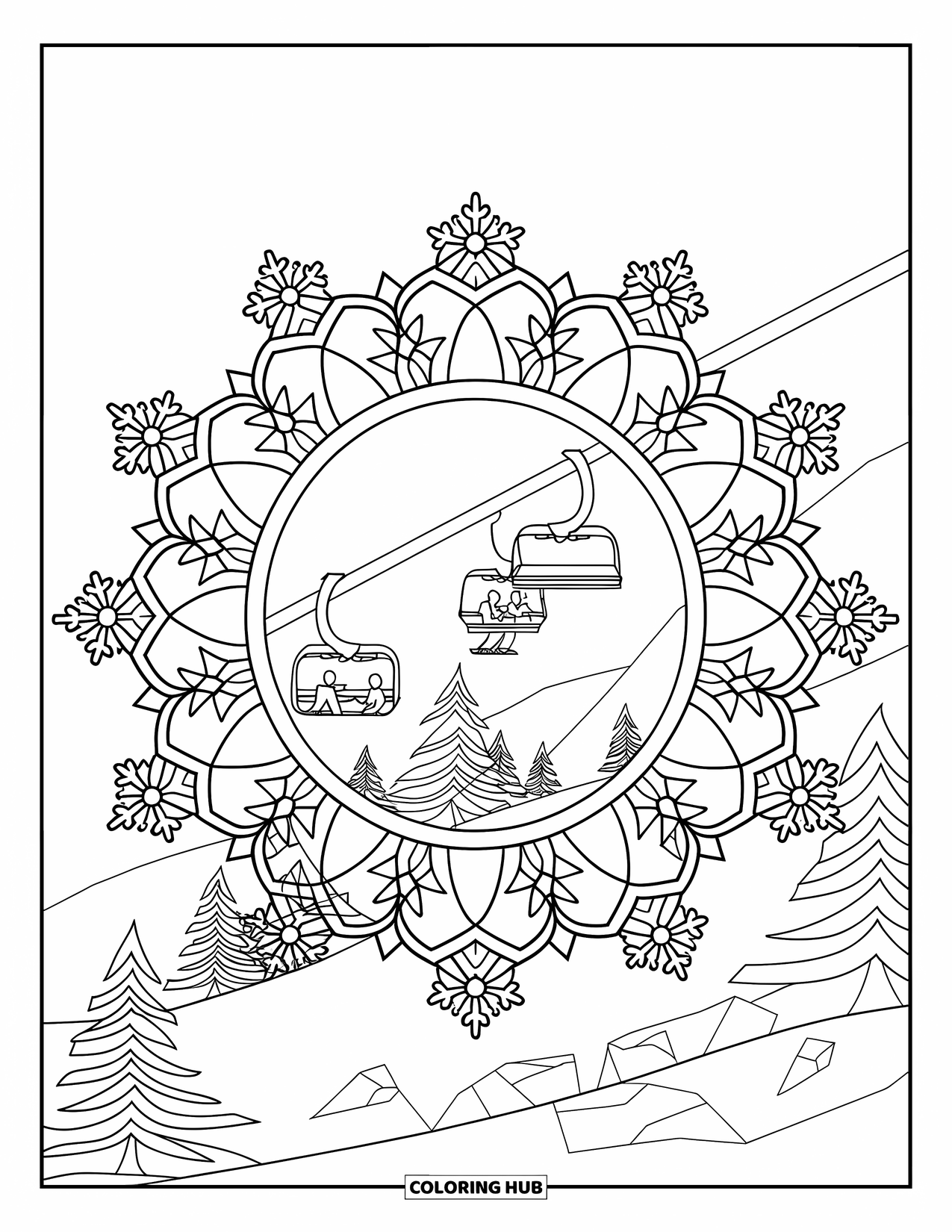 Skiing Coloring Page for Adults: A ski scene with mountains framed by snowflake and geometric mandala