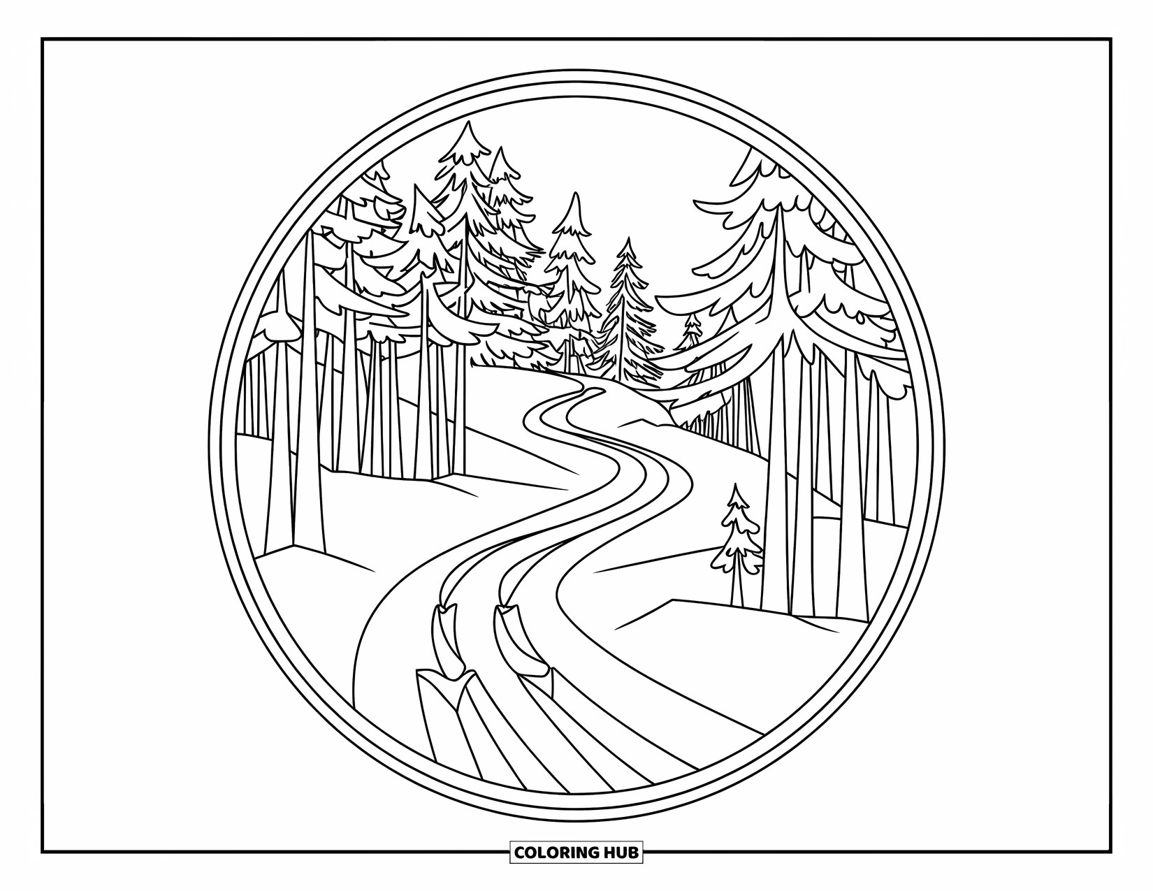 Skiing Coloring Page for Adults: A ski trail winds through snowy trees inside a circular mandala frame