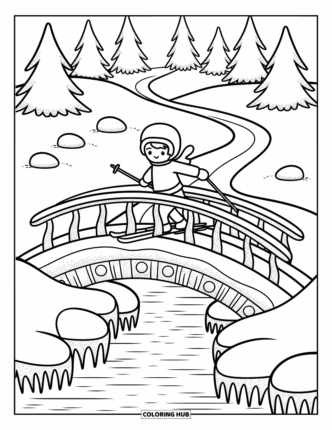Skiing Coloring Page for Adults: A skier glides over a narrow snowy bridge lined with icicles and pine trees