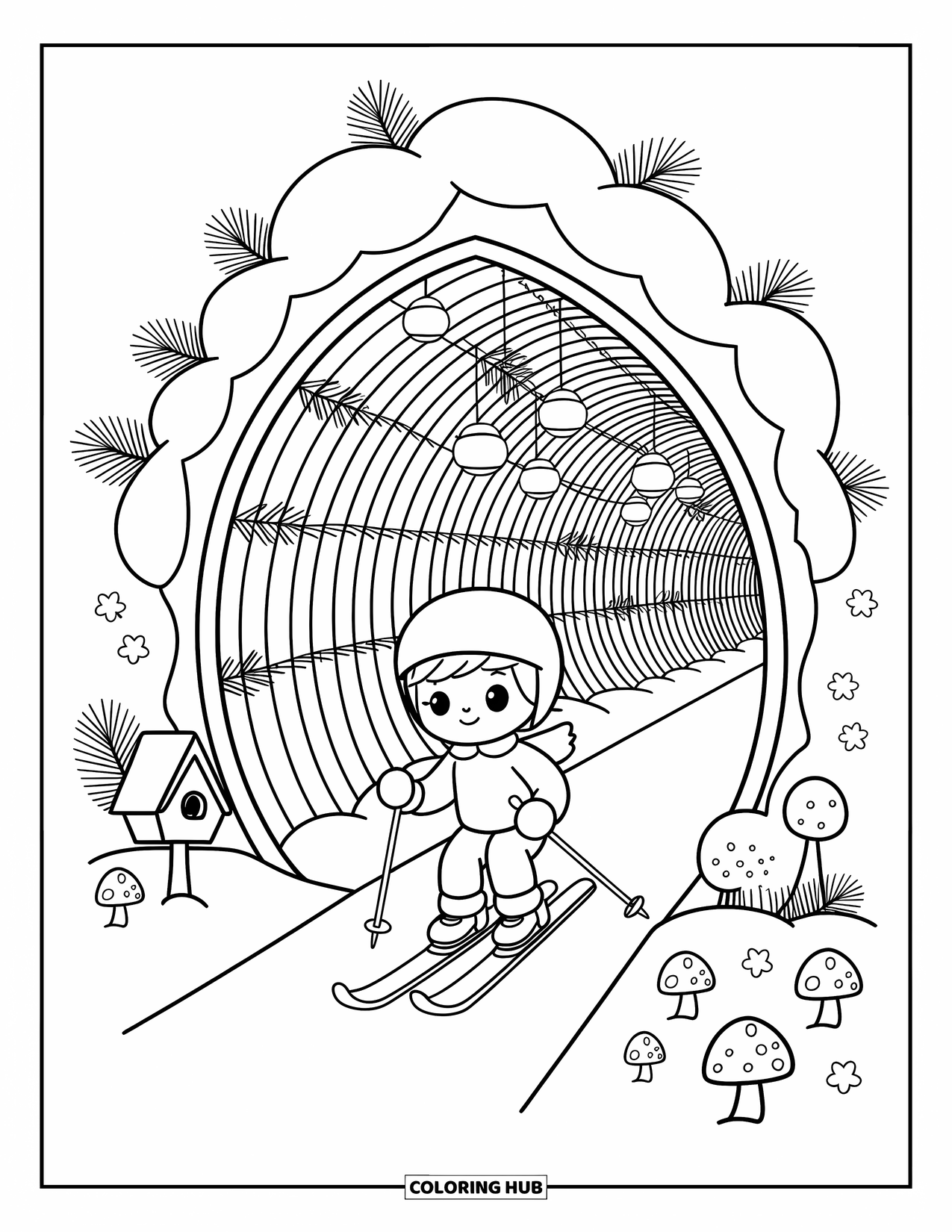 Skiing Coloring Page for Adults: A skier passes through a snow-covered tunnel lined with lanterns and pine branches