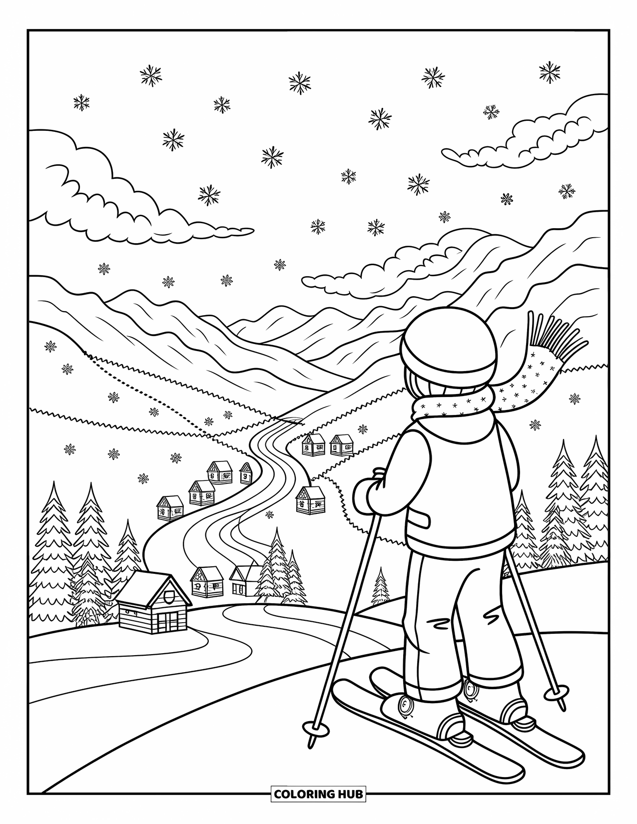 Skiing Coloring Page for Adults: A skier pauses at a mountaintop, watching winding trails and rising lifts