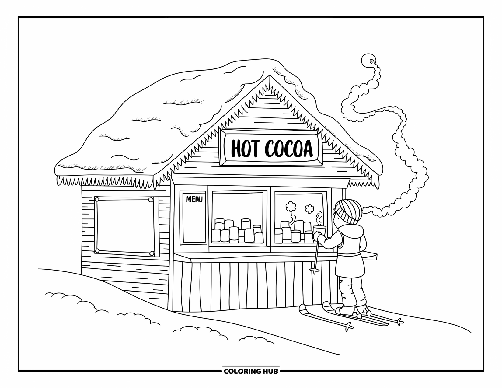 Skiing Coloring Page for Adults: A skier sips cocoa beside a rustic wooden stand glowing in winter light