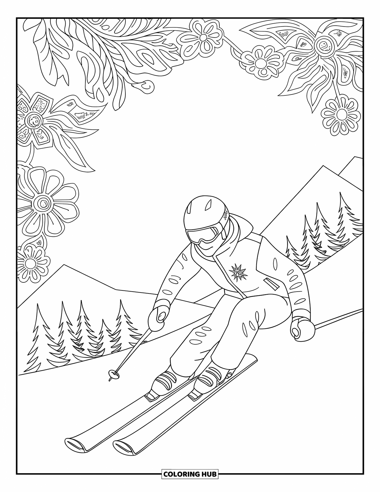 Skiing Coloring Page for Adults: A skier speeds past trees framed by floral vines and snowy patterns
