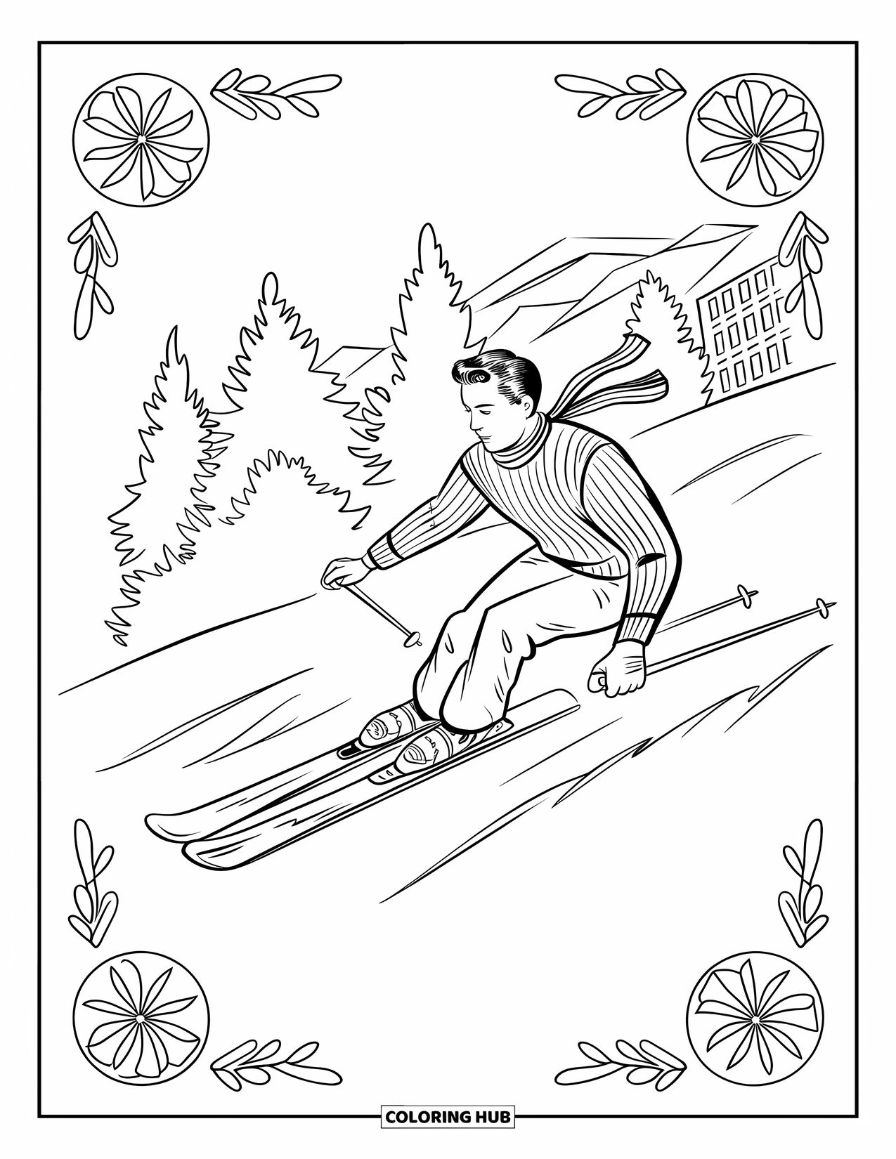 Skiing Coloring Page for Adults: A vintage skier races downhill framed by elegant floral borders