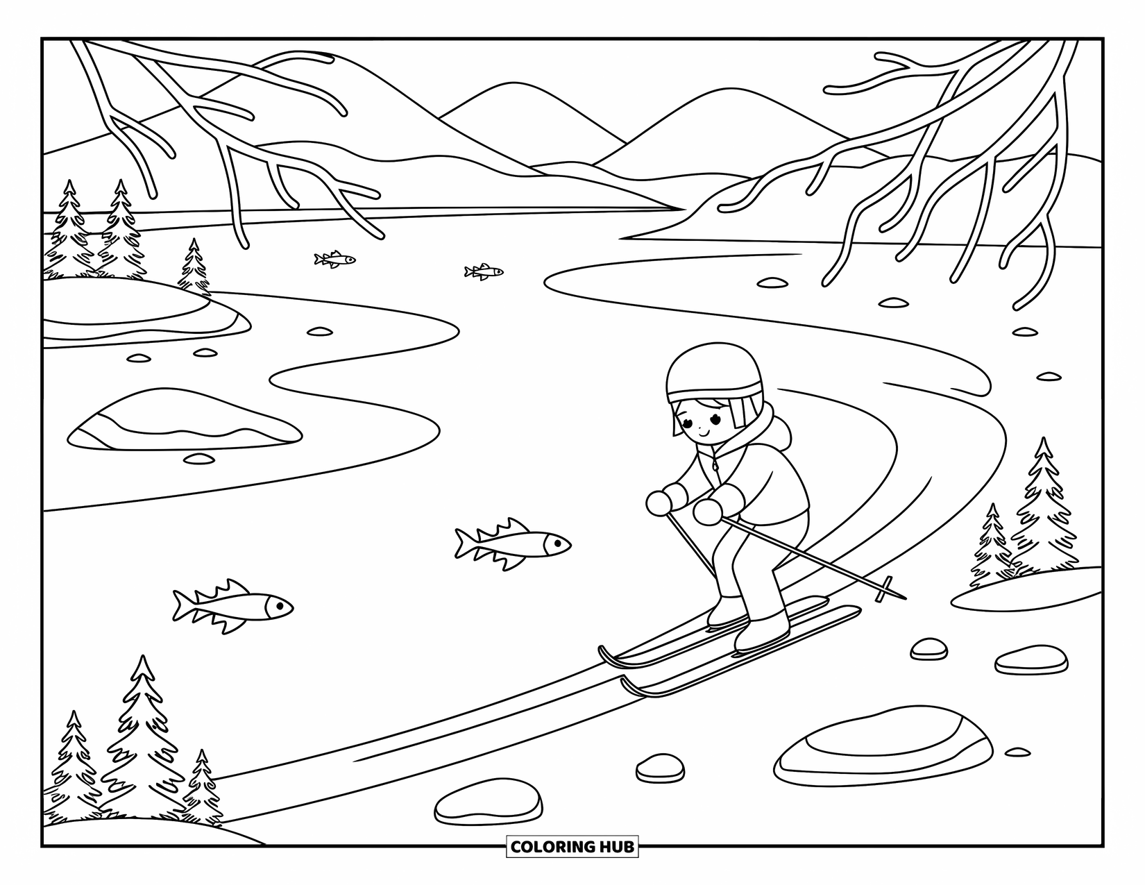 Skiing Coloring Page for Adults: A young skier moves gracefully beside a frozen lake under snow-covered trees