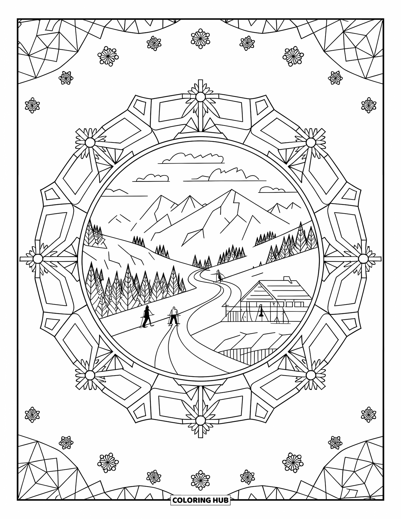Skiing Coloring Page for Adults: Skiers glide along mountain trails surrounded by snowflake mandala art
