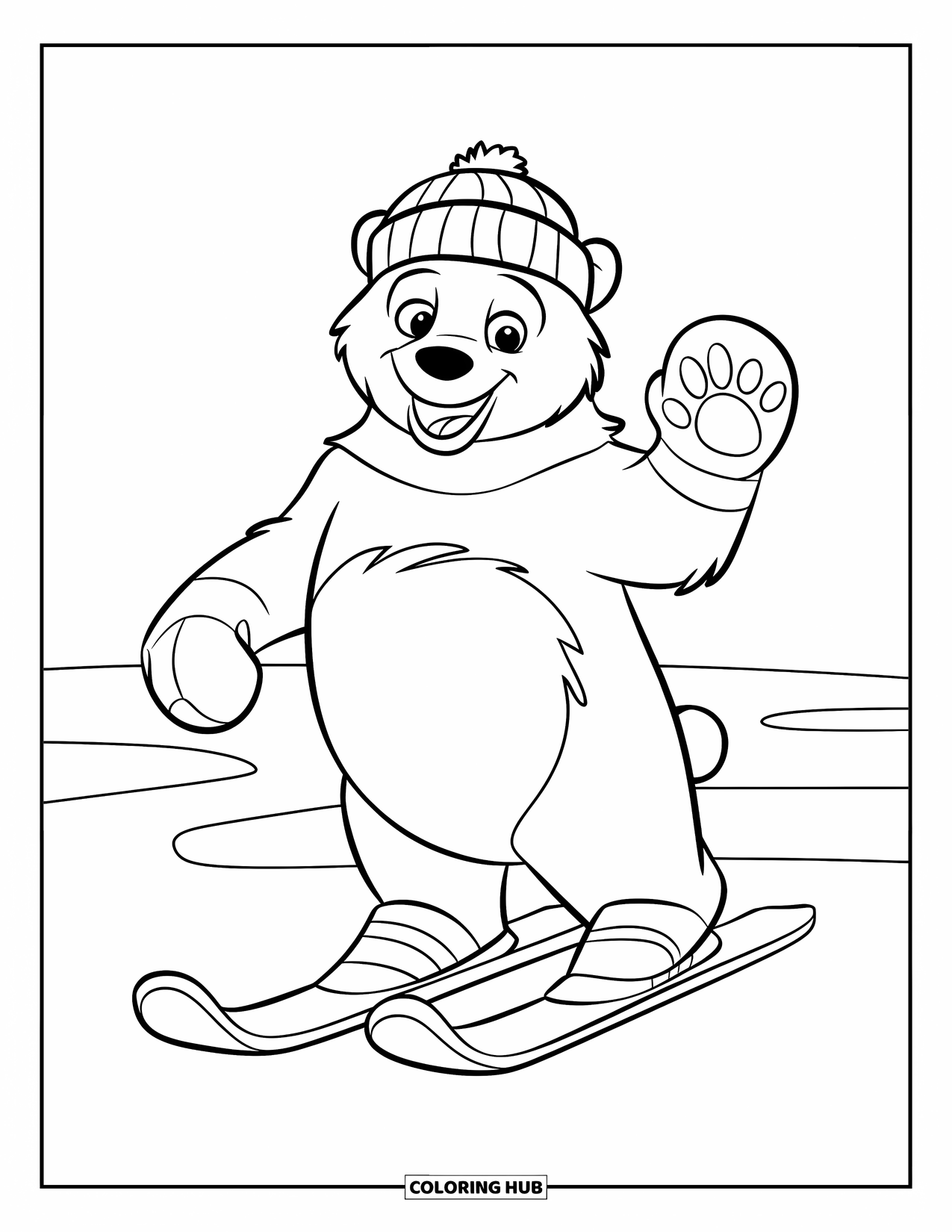 Skiing Coloring Page for Kids: A cheerful bear skier with a hat glides across a snowy clearing
