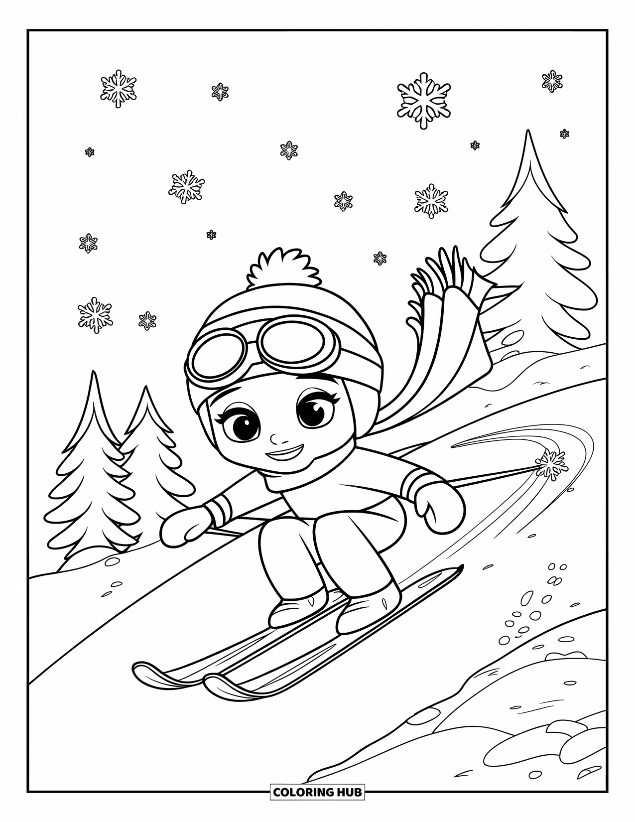 Skiing Coloring Page for Kids: A cheerful child skier glides gently downhill with scarf fluttering