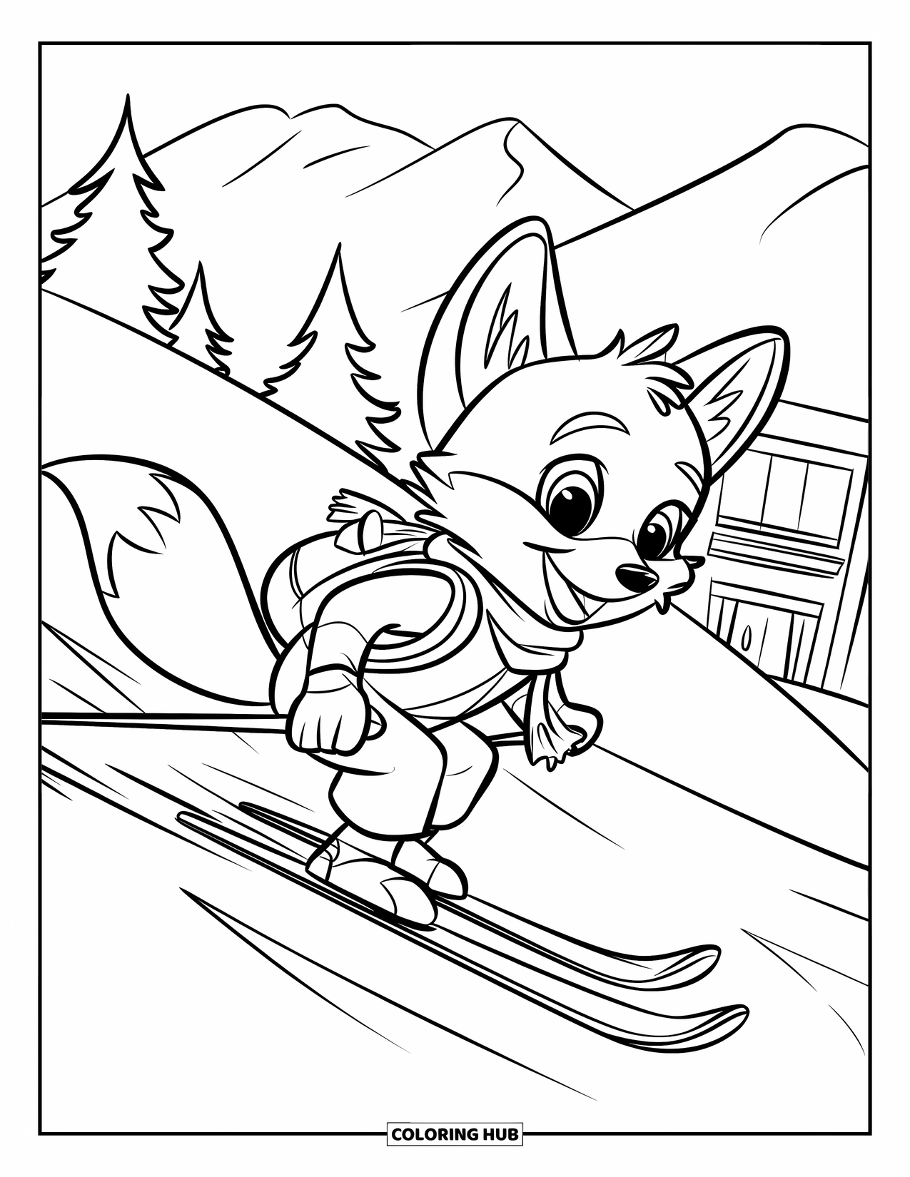 Skiing Coloring Page for Kids: A cheerful fox in a scarf skis downhill with a backpack bouncing
