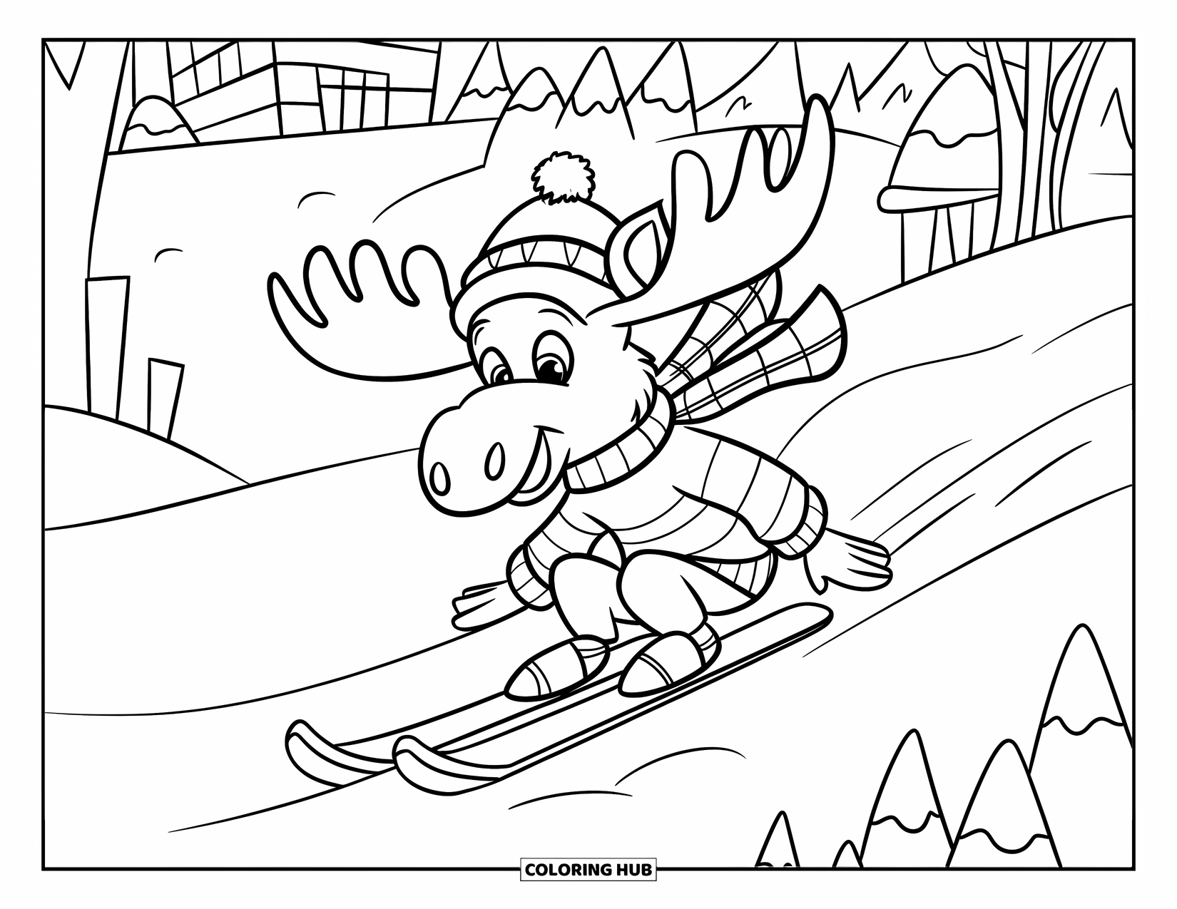Skiing Coloring Page for Kids: A cheerful moose in a scarf skis down a tiny hill in the forest