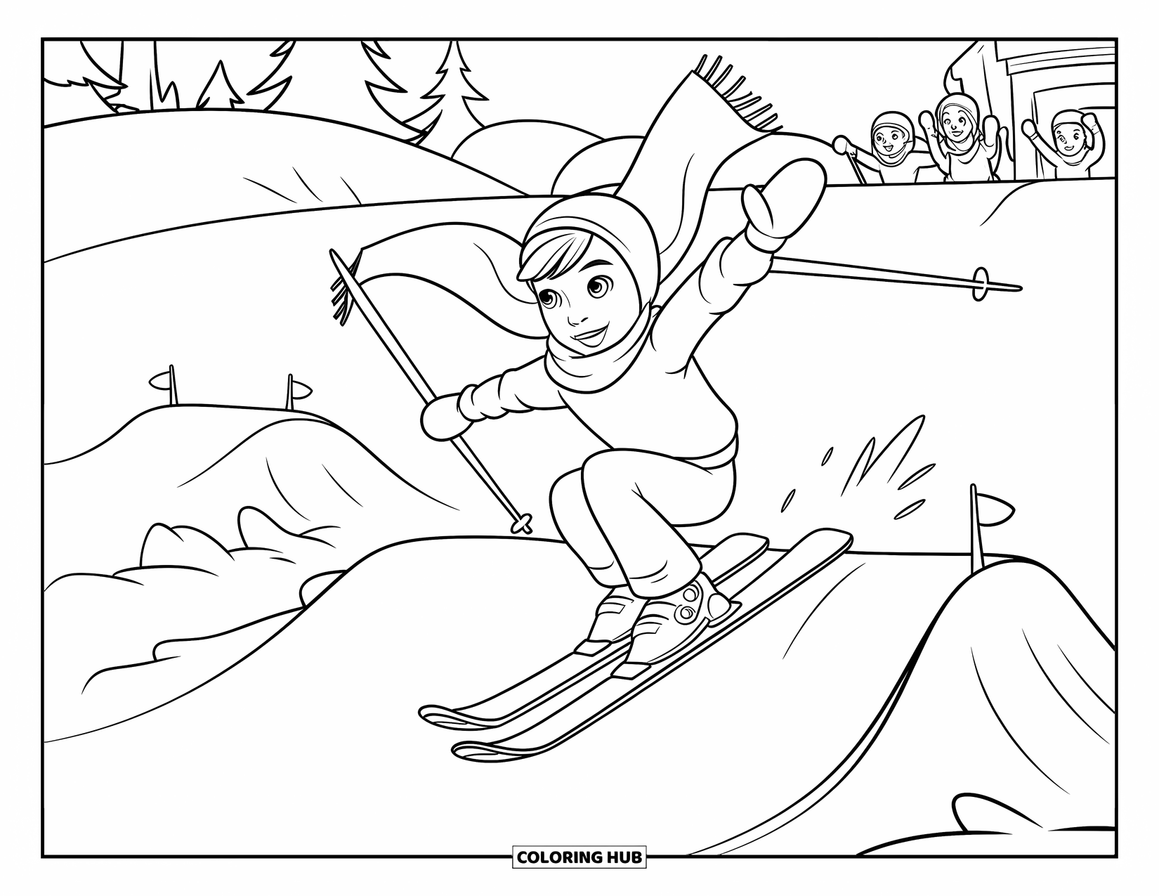 Skiing Coloring Page for Kids: A child skier leaps from a gentle slope surrounded by trees and flags