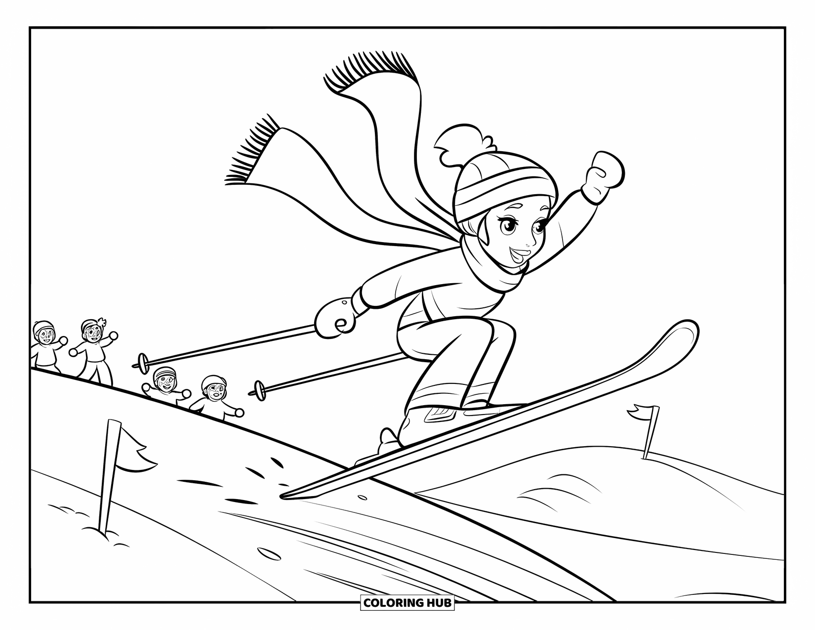 Skiing Coloring Page for Kids: A child skier soars joyfully off a snowy bump with scarf and poles flying