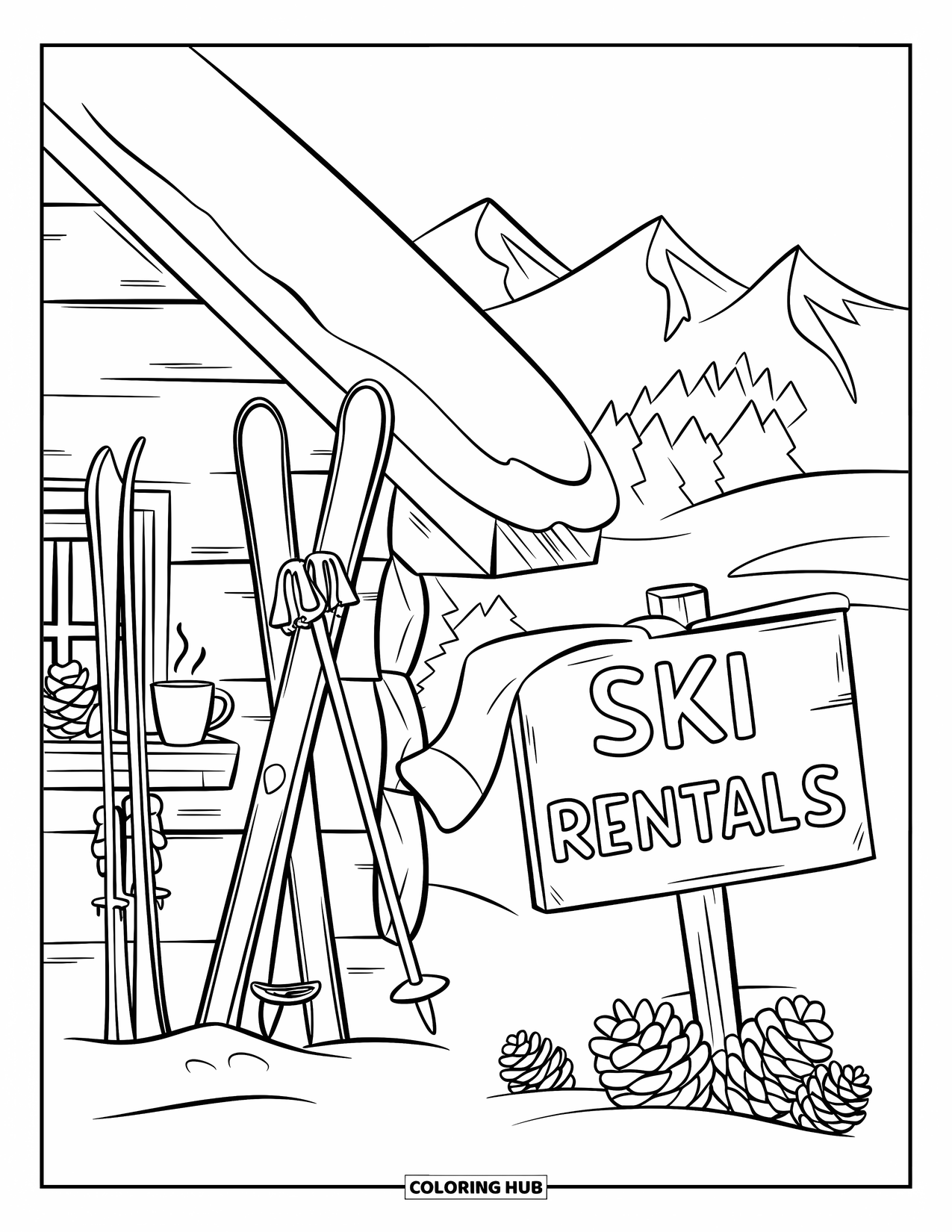 Skiing Coloring Page for Kids: A cozy mountain ski shop with snow gear, pinecones, and warm drinks