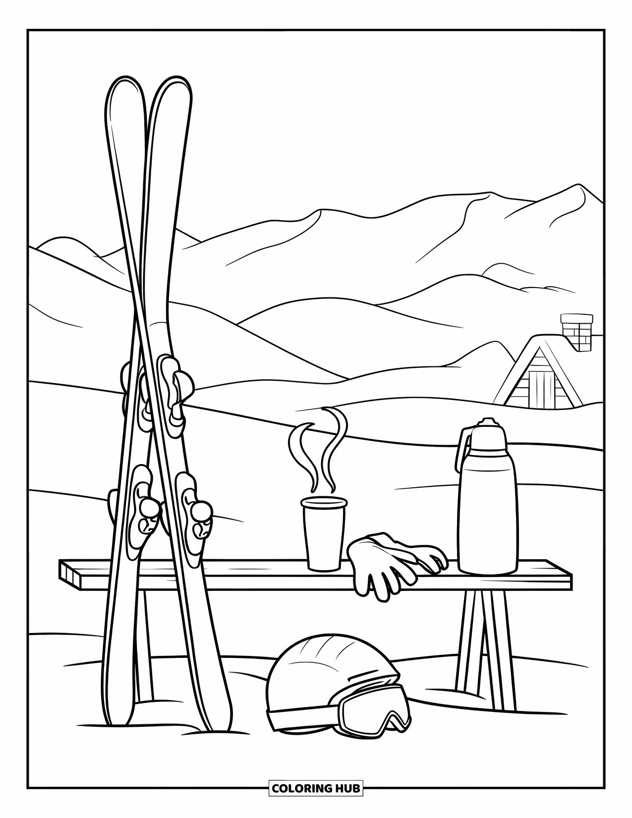 Skiing Coloring Page for Kids: A cozy rest stop with skis, gloves, and a steaming drink in the snow