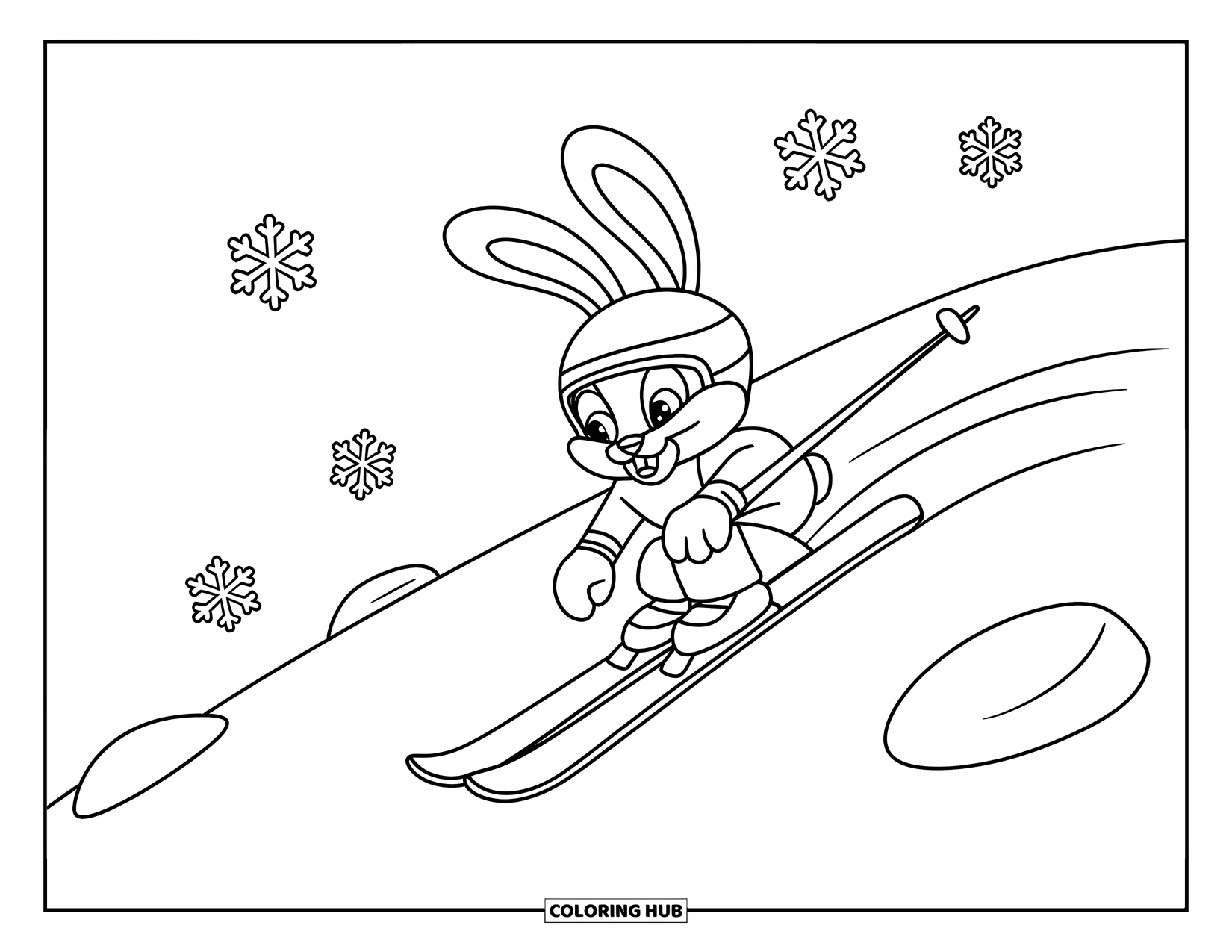 Skiing Coloring Page for Kids: A cute bunny skier speeds down a slope under snowy mountain peaks
