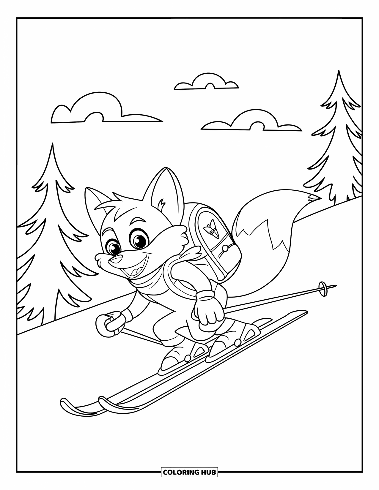 Skiing Coloring Page for Kids: A fox in a scarf skis joyfully through a forested winter mountain