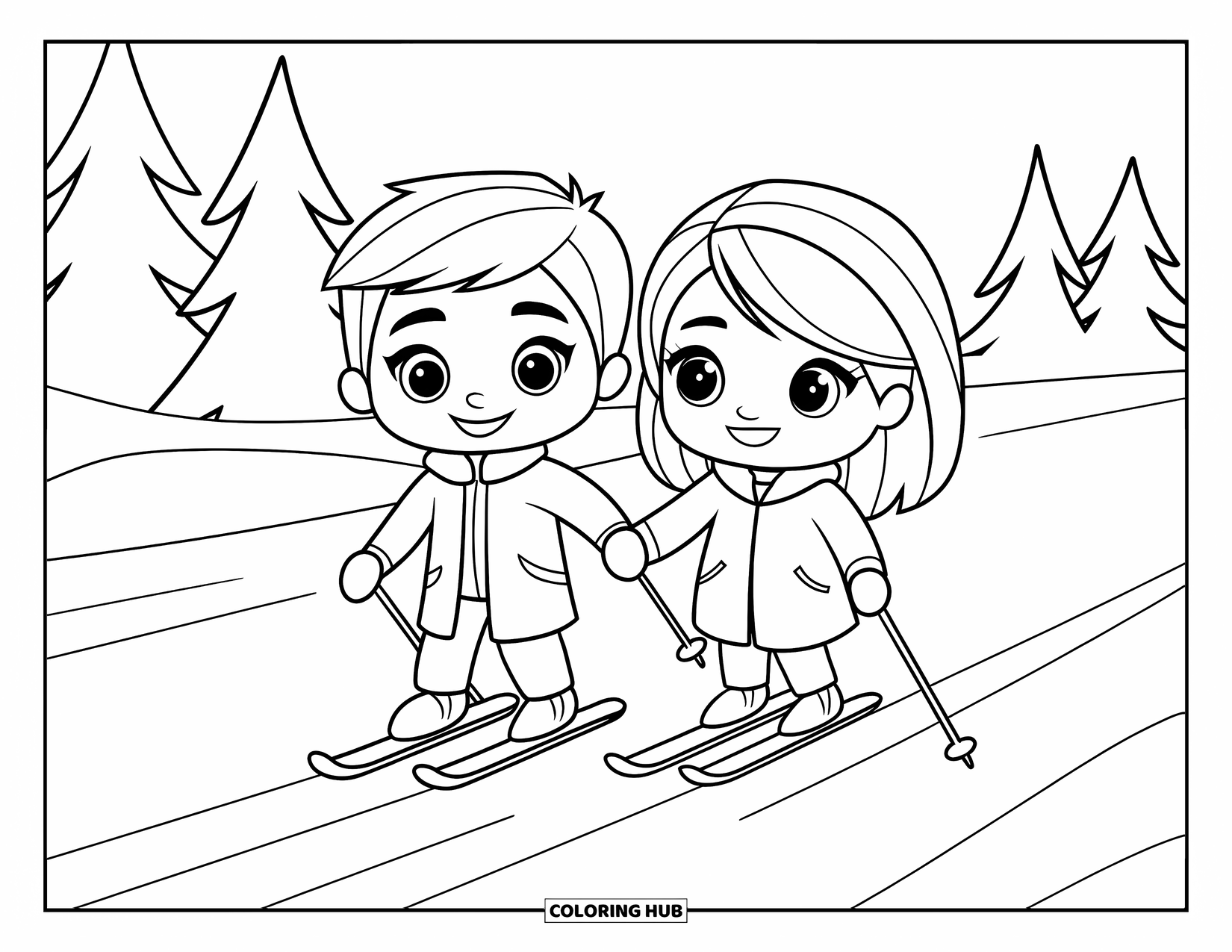 Skiing Coloring Page for Kids: A happy skiing duo holds hands while gliding through pine-covered snow