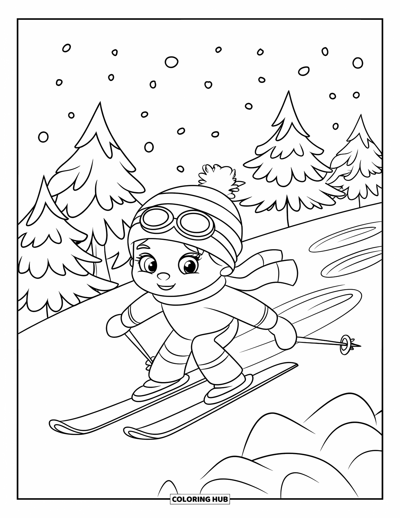 Skiing Coloring Page for Kids: A little skier smiles under falling snow, scarf flowing in the wind