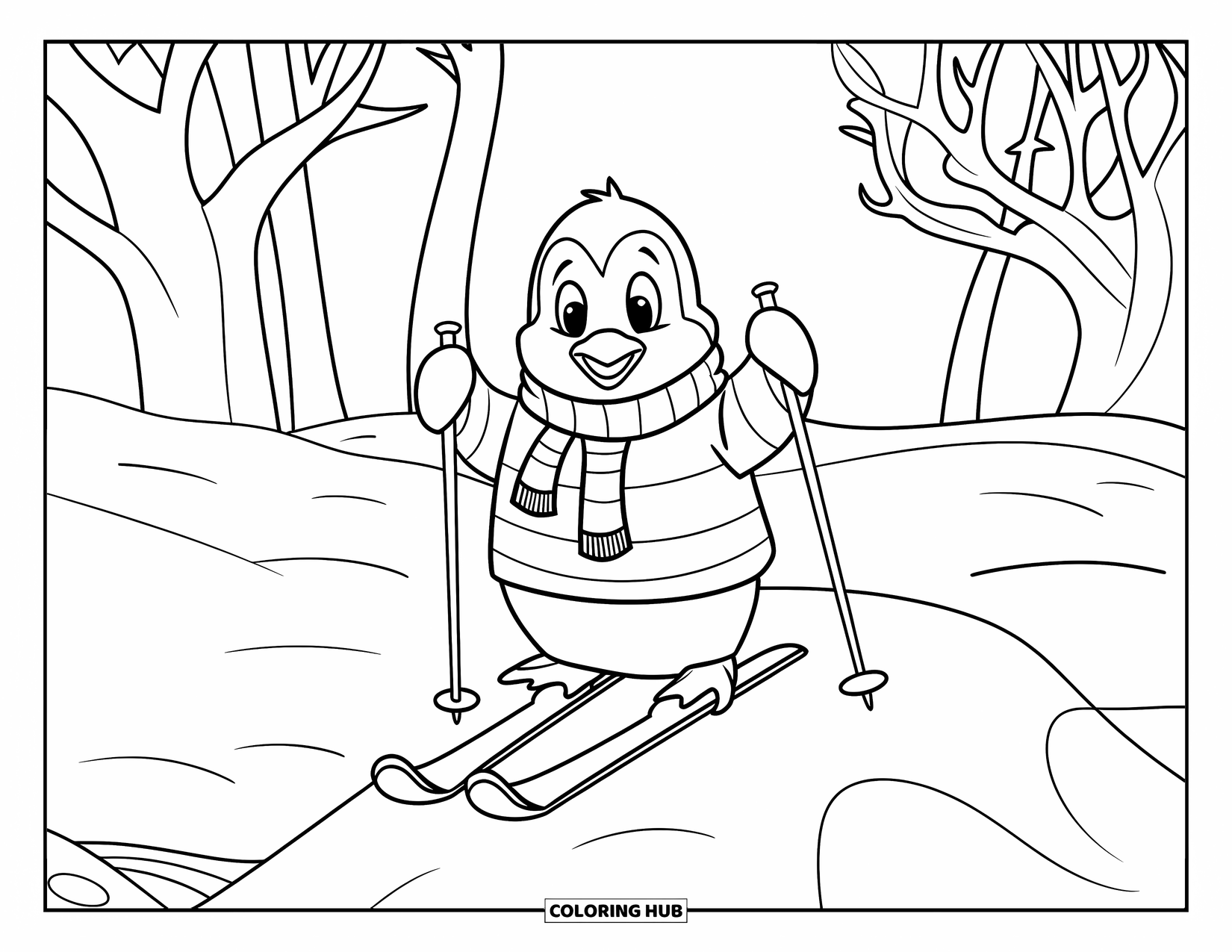 Skiing Coloring Page for Kids: A penguin in a striped sweater skis happily across the snow
