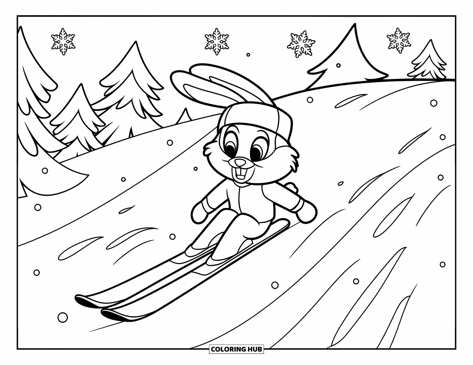 Skiing Coloring Page for Kids: A ski bunny slides happily downhill amid snowflakes and pine trees