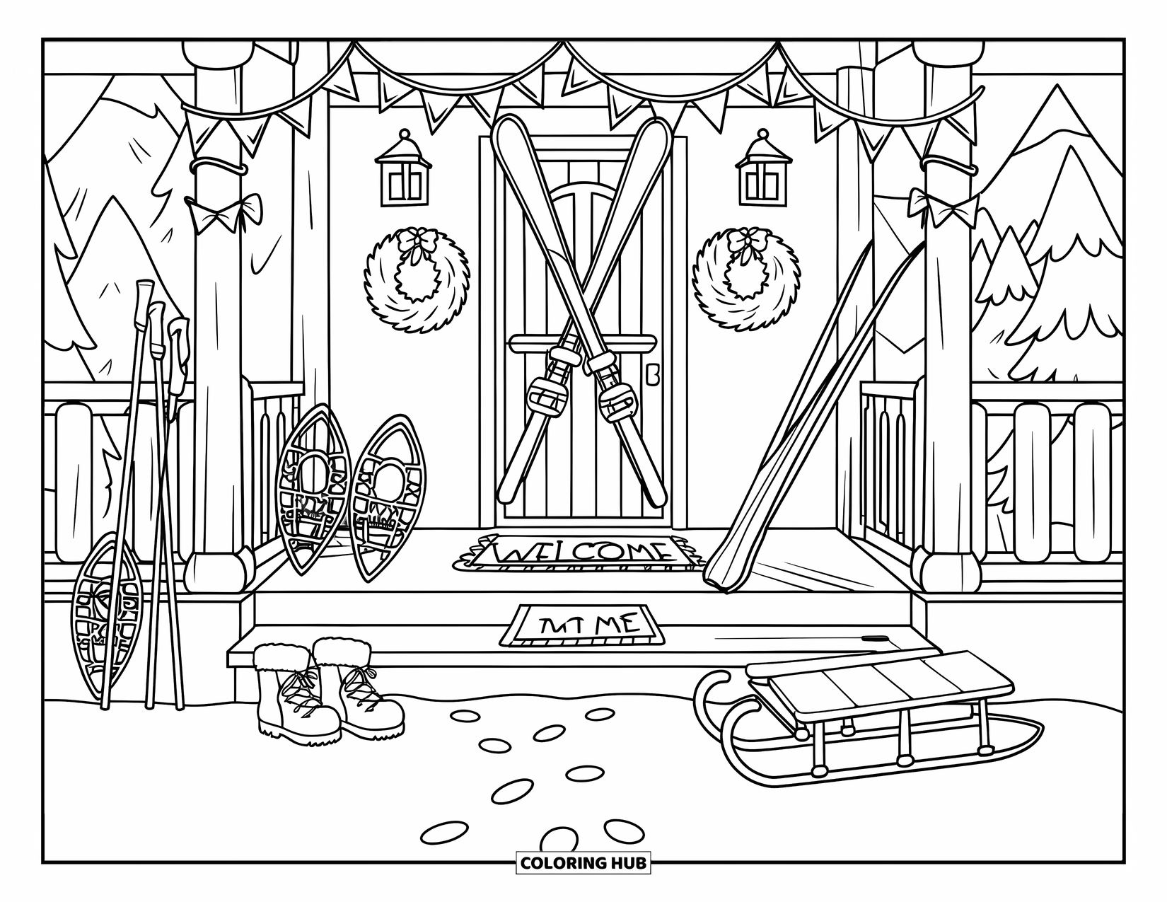 Skiing Coloring Page for Kids: A ski lodge porch filled with festive gear, lanterns, and mountain views