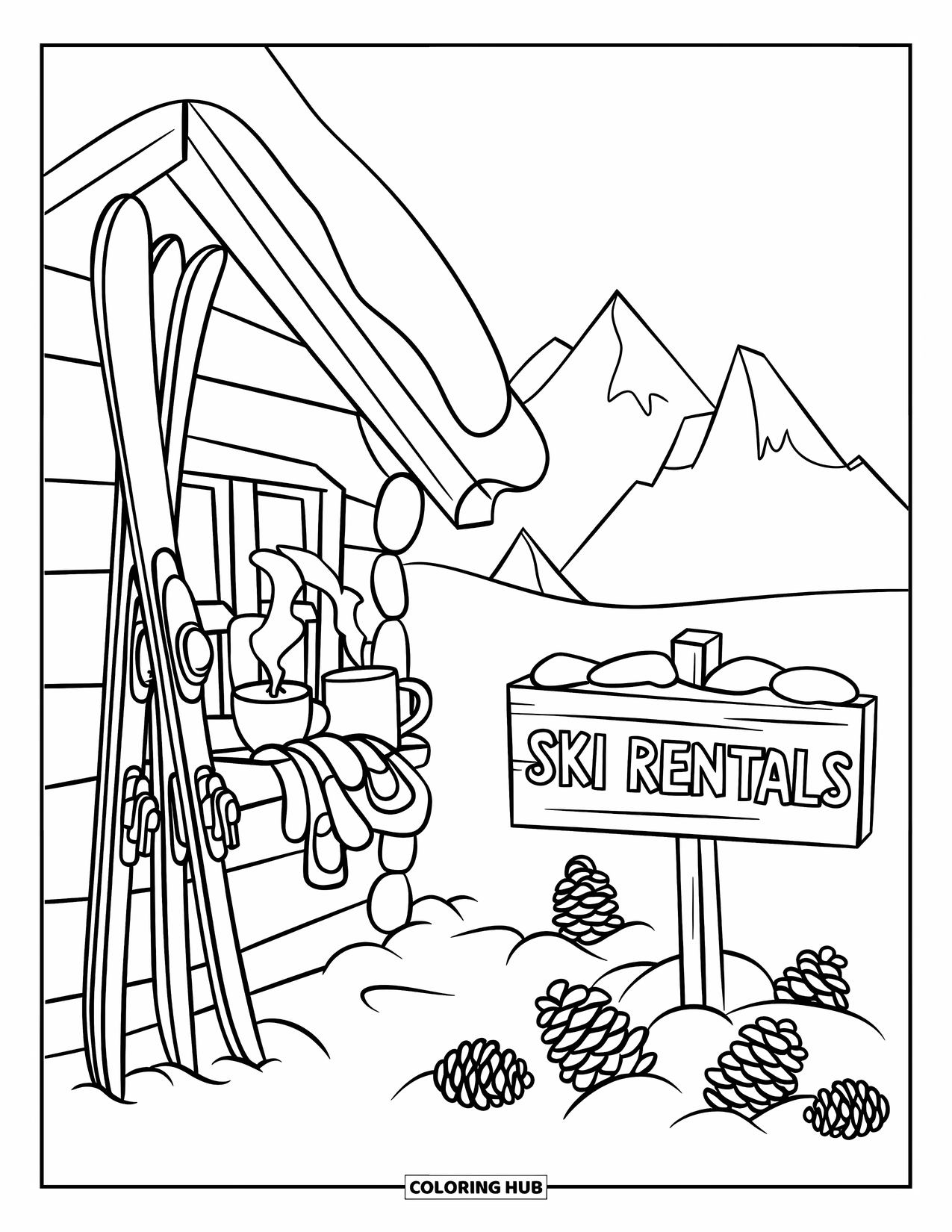 Skiing Coloring Page for Kids: A small ski cabin with a ìSki Rentalsî sign and snowy mountain backdrop