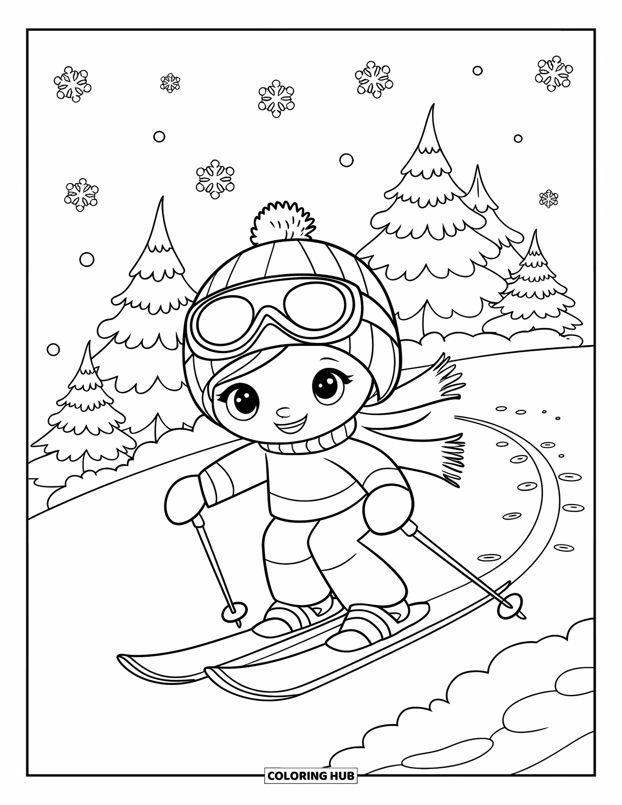 Skiing Coloring Page for Kids: A small skier coasts down a snowy hill with pine trees all around