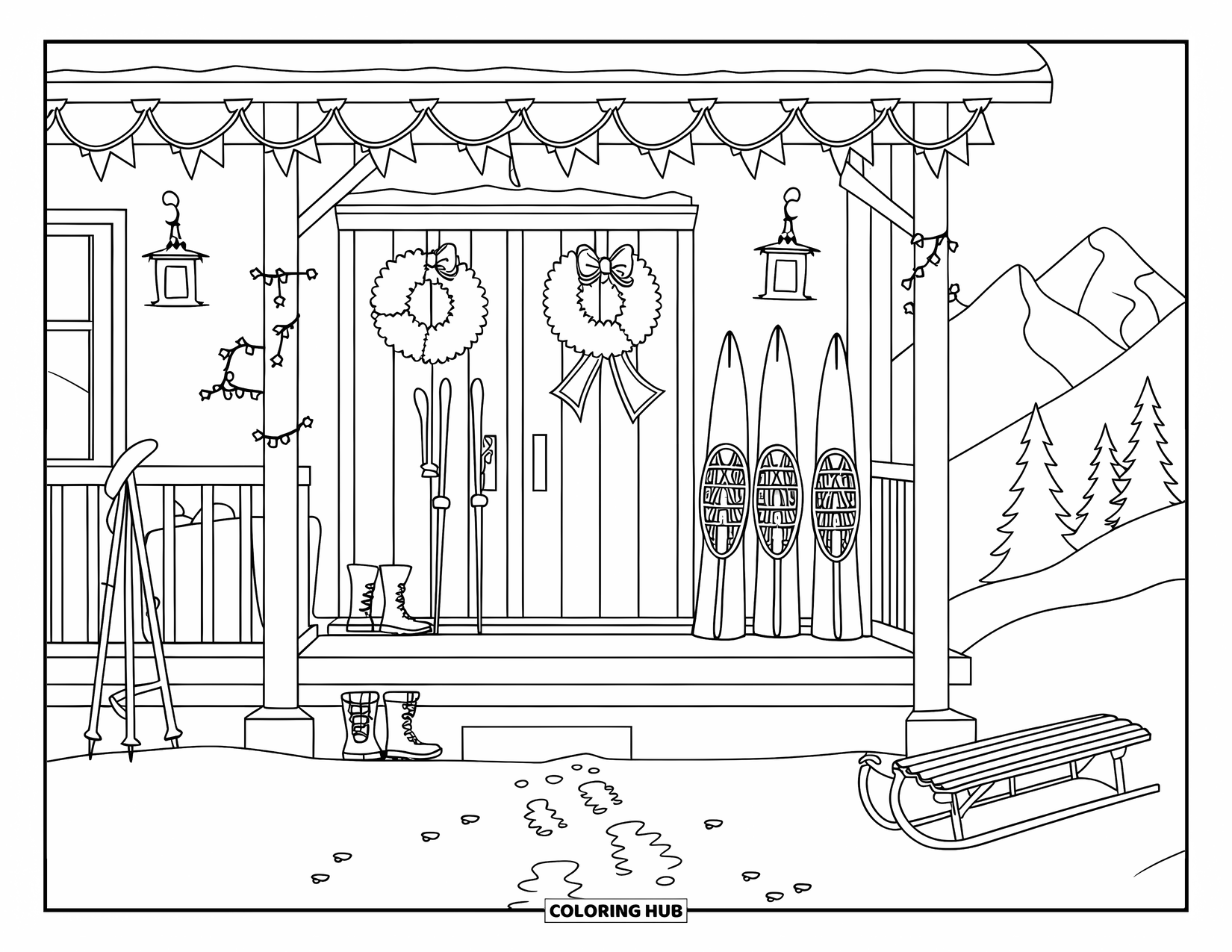 Skiing Coloring Page for Kids: A warm ski lodge porch with wreaths, skis, and a sled near snowy peaks