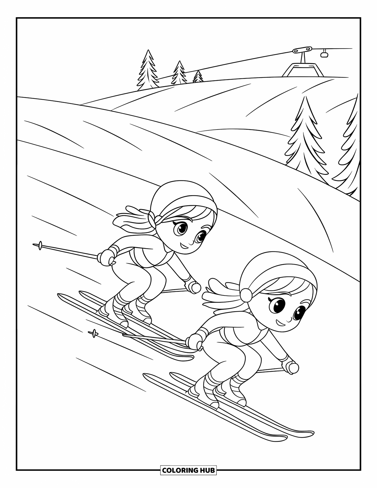 Skiing Coloring Page for Kids: Chibi ski racers glide through snow with mountains in the distance