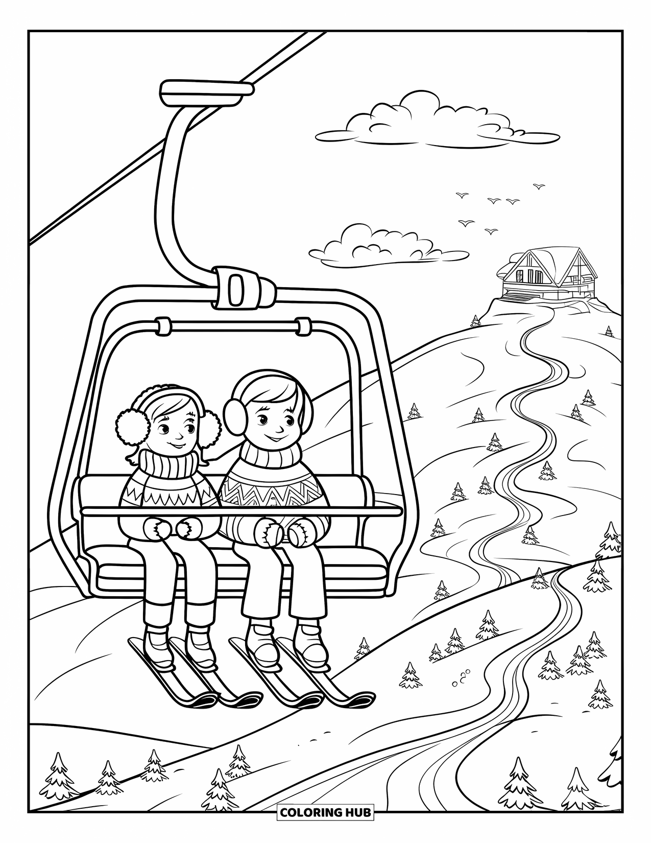 Skiing Coloring Page for Kids: Children in earmuffs smile as their ski lift rises toward the summit