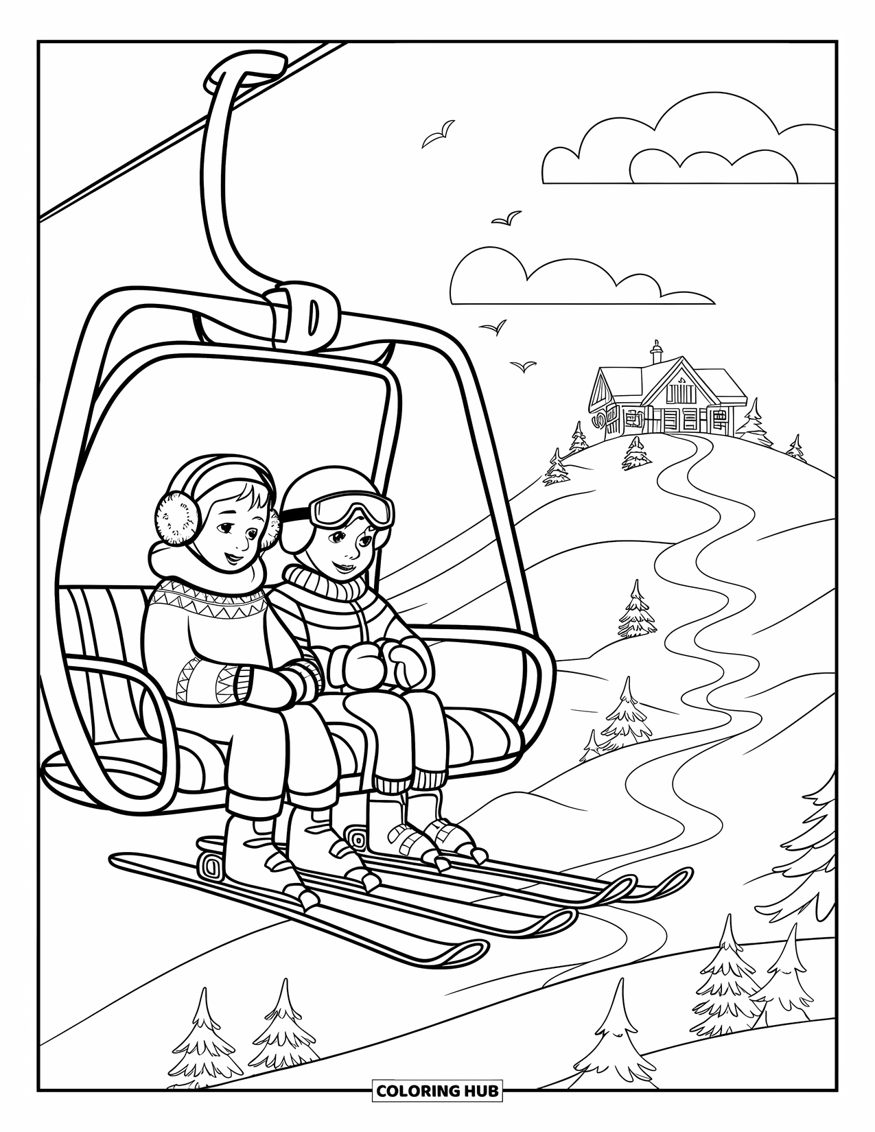 Skiing Coloring Page for Kids: Happy skiers ride the lift past birds, slopes, and a distant lodge