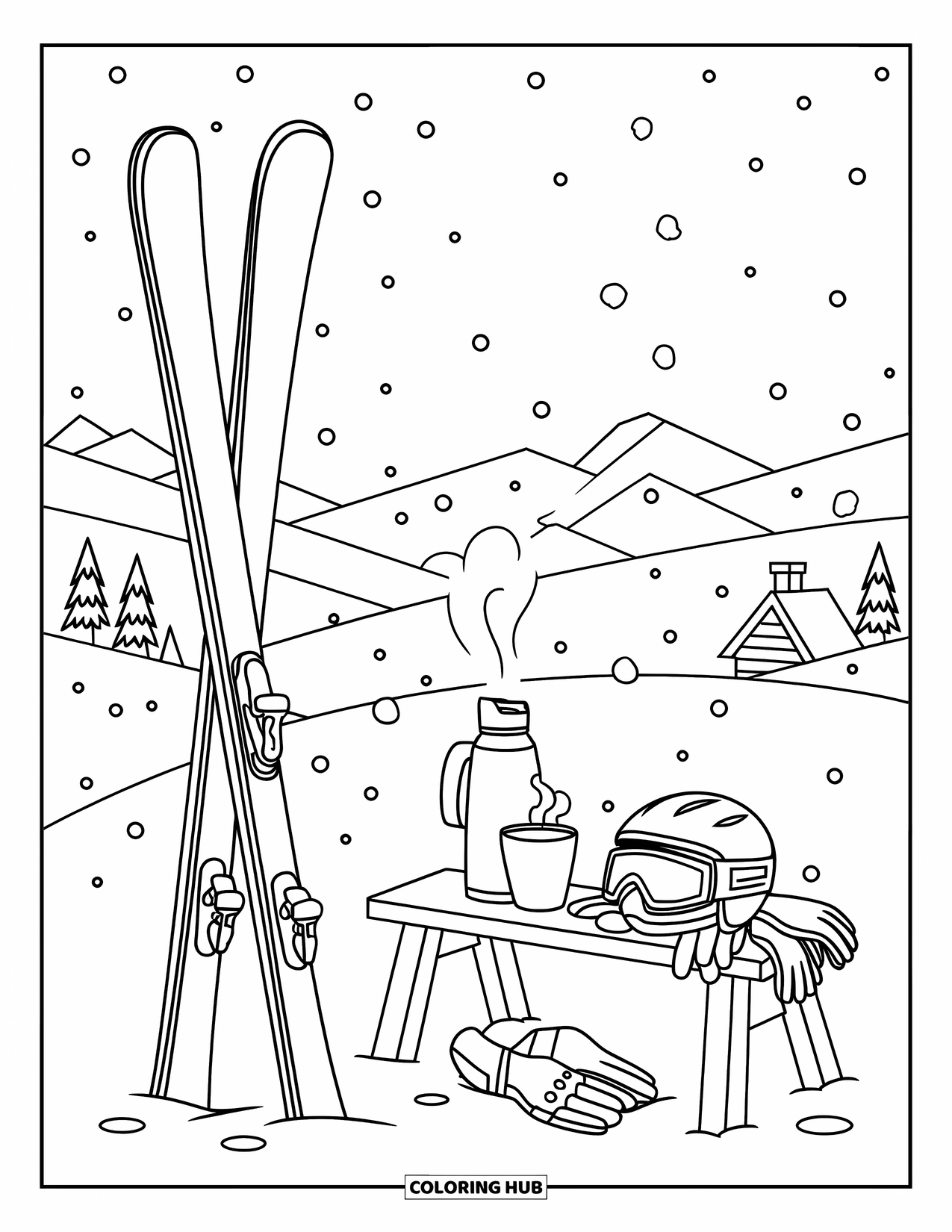 Skiing Coloring Page for Kids: Skis lean beside a wooden bench with warm cocoa and winter gear