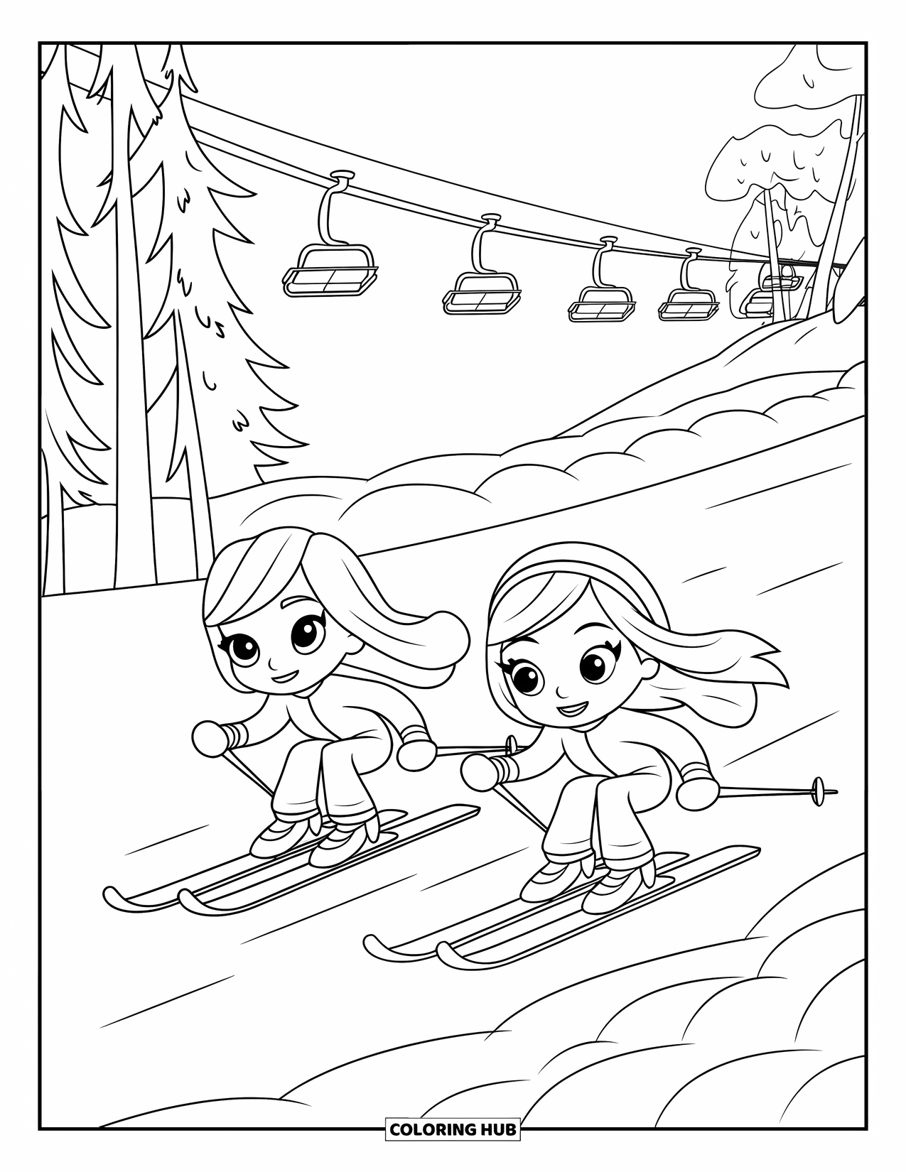 Skiing Coloring Page for Kids: Smiling skiers race downhill past trees and snow-covered trails