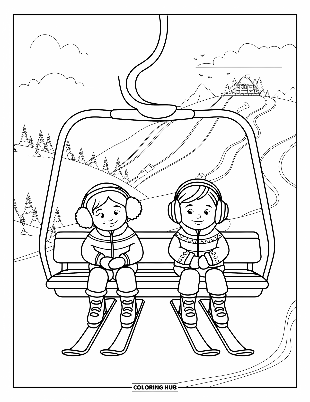 Skiing Coloring Page for Kids: Two kids on a ski lift glide high above snow trails and pine trees