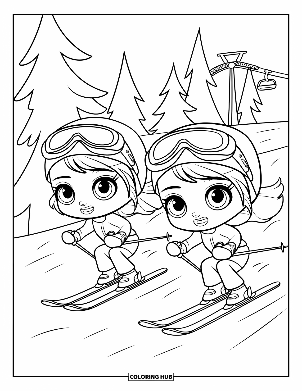 Skiing Coloring Page for Kids: Two playful girls ski fast beneath a ski lift and snowy evergreens