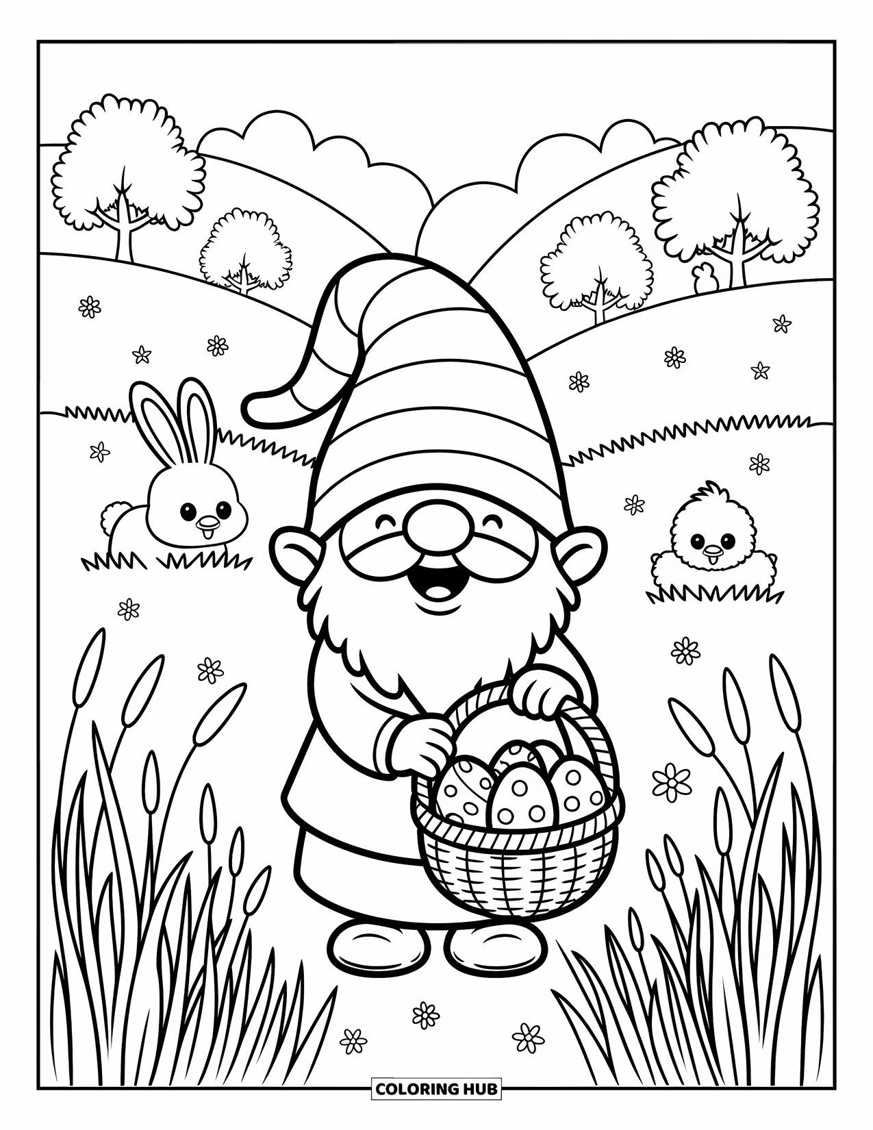 Spring Gnome Coloring Page for Adults: A gnome carries spring eggs while chicks and a bunny hide in the tall grass