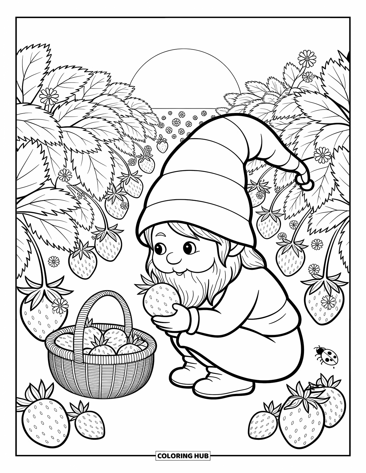 Spring Gnome Coloring Page for Adults: A gnome crouches in a strawberry patch, gently holding one with both hands