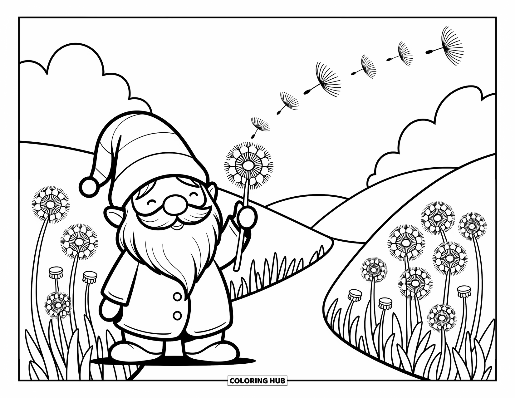 Spring Gnome Coloring Page for Adults: A gnome gently blows dandelion seeds in a breezy, flower-filled meadow