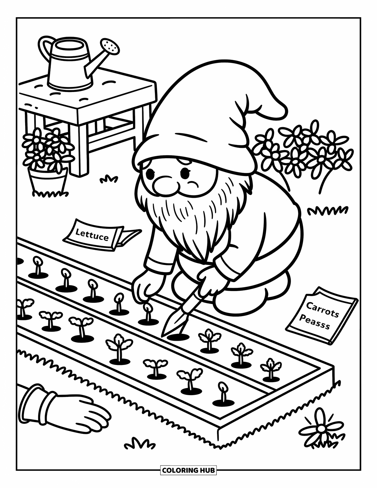 Spring Gnome Coloring Page for Adults: A gnome gently sows seeds labeled for veggies, surrounded by pots and garden tools