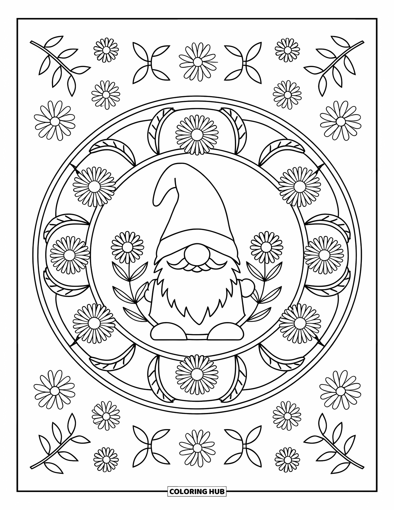 Spring Gnome Coloring Page for Adults: A gnome is framed by a mandala of vines, flowers, and leaves